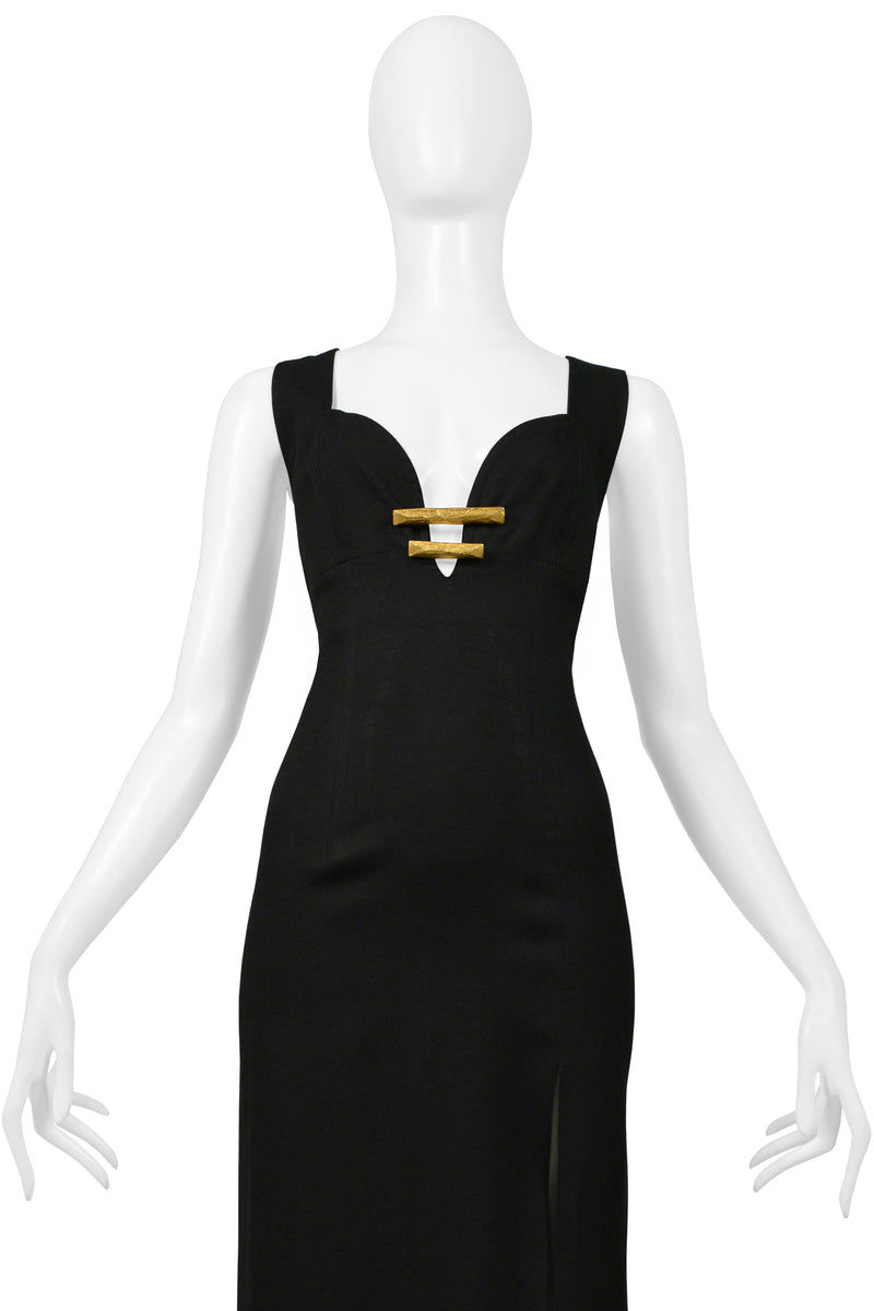 CHRISTIAN LACROIX BLACK LINEN HOLLYWOOD DRESS WITH GOLD TONE HARDWARE & DRAMATIC SLIT