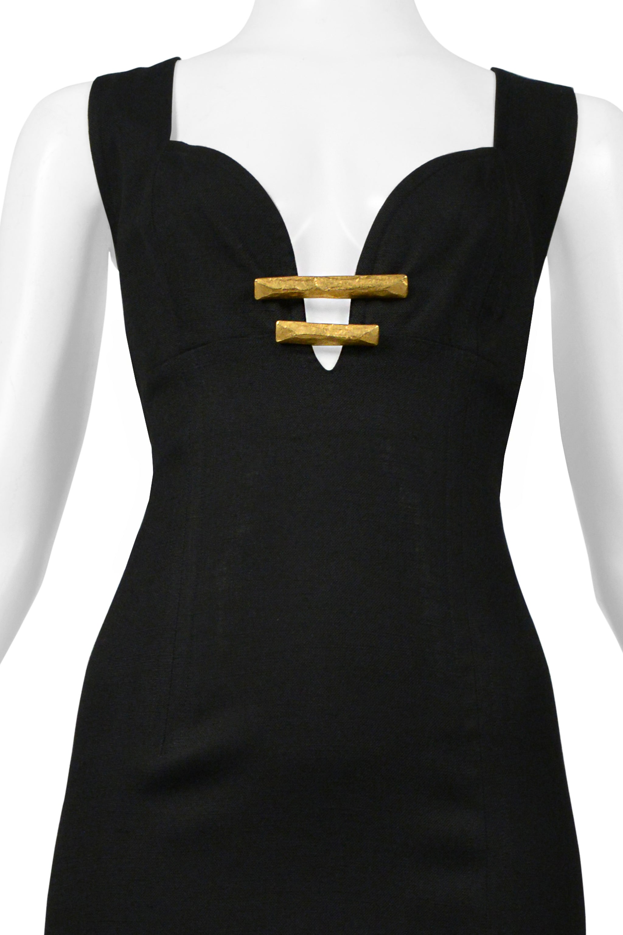 CHRISTIAN LACROIX BLACK LINEN HOLLYWOOD DRESS WITH GOLD TONE HARDWARE & DRAMATIC SLIT