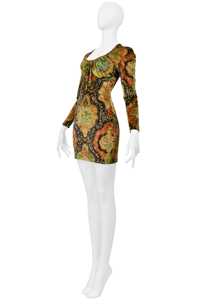 CHRISTIAN LACROIX MULTI COLORED AND GOLD PAINTED CRUSHED VELVET DRESS