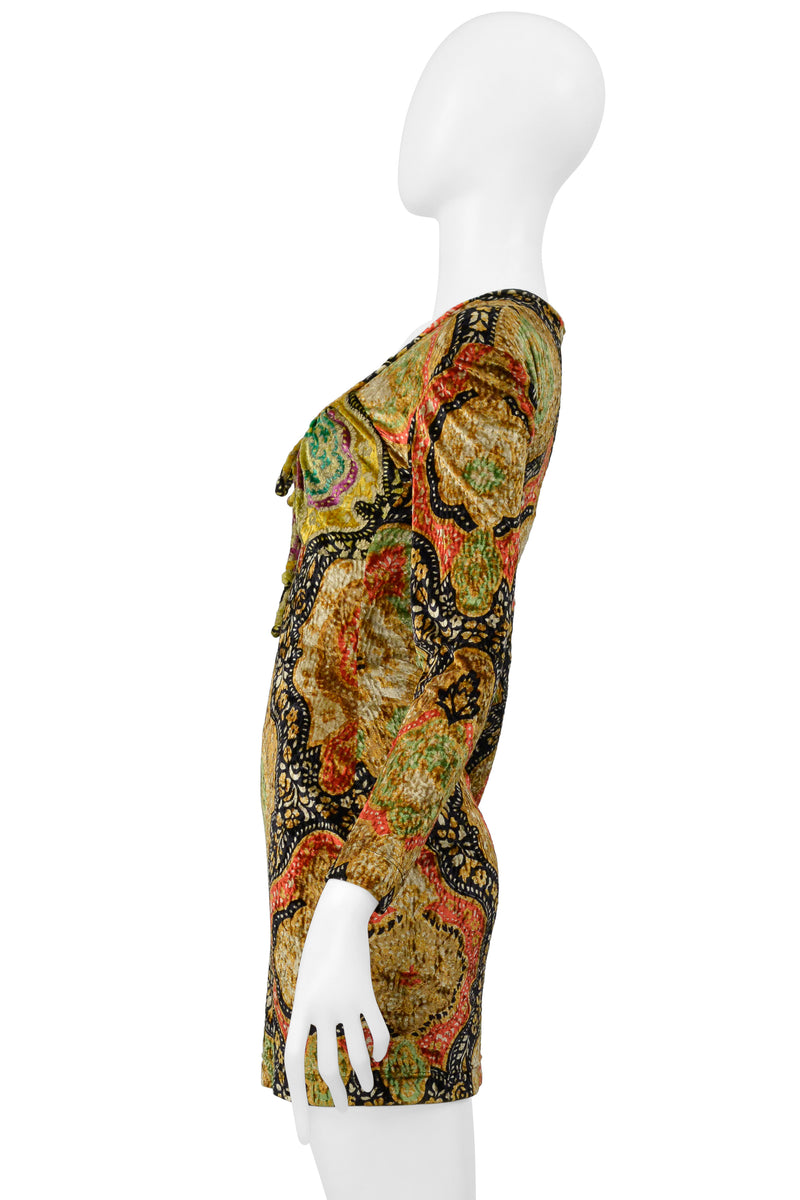 CHRISTIAN LACROIX MULTI COLORED AND GOLD PAINTED CRUSHED VELVET DRESS