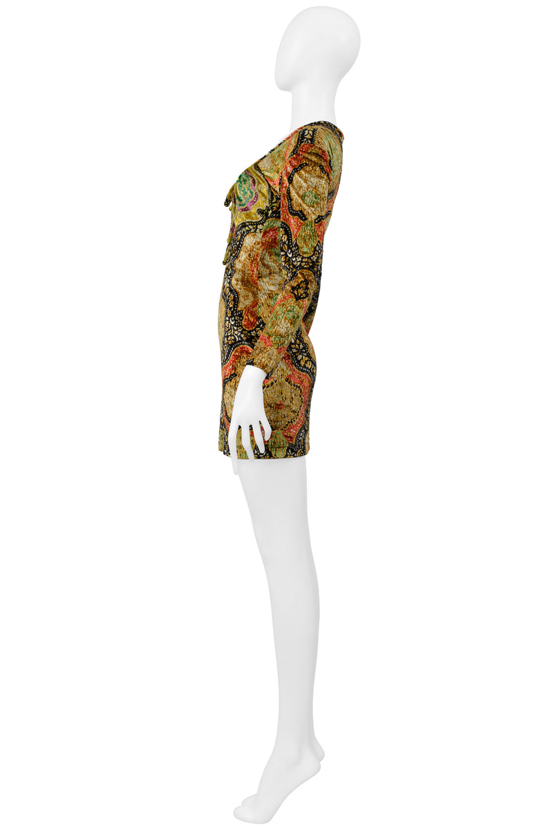 CHRISTIAN LACROIX MULTI COLORED AND GOLD PAINTED CRUSHED VELVET DRESS