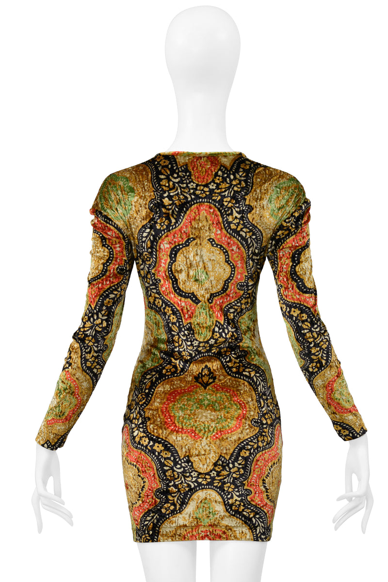 CHRISTIAN LACROIX MULTI COLORED AND GOLD PAINTED CRUSHED VELVET DRESS