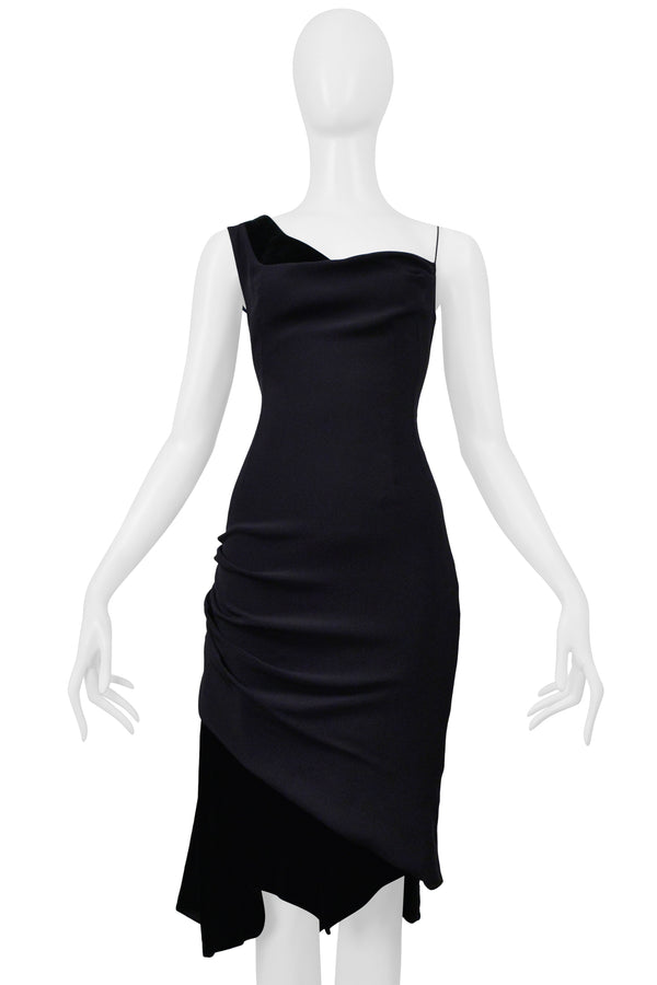 CHRISTIAN LACROIX BLACK ASYMMETRICAL STRAP DRESS WITH VELVET INSETS