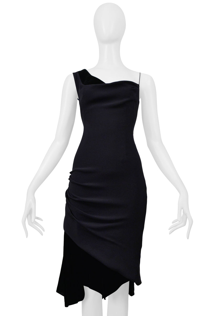 CHRISTIAN LACROIX BLACK ASYMMETRICAL STRAP DRESS WITH VELVET INSETS