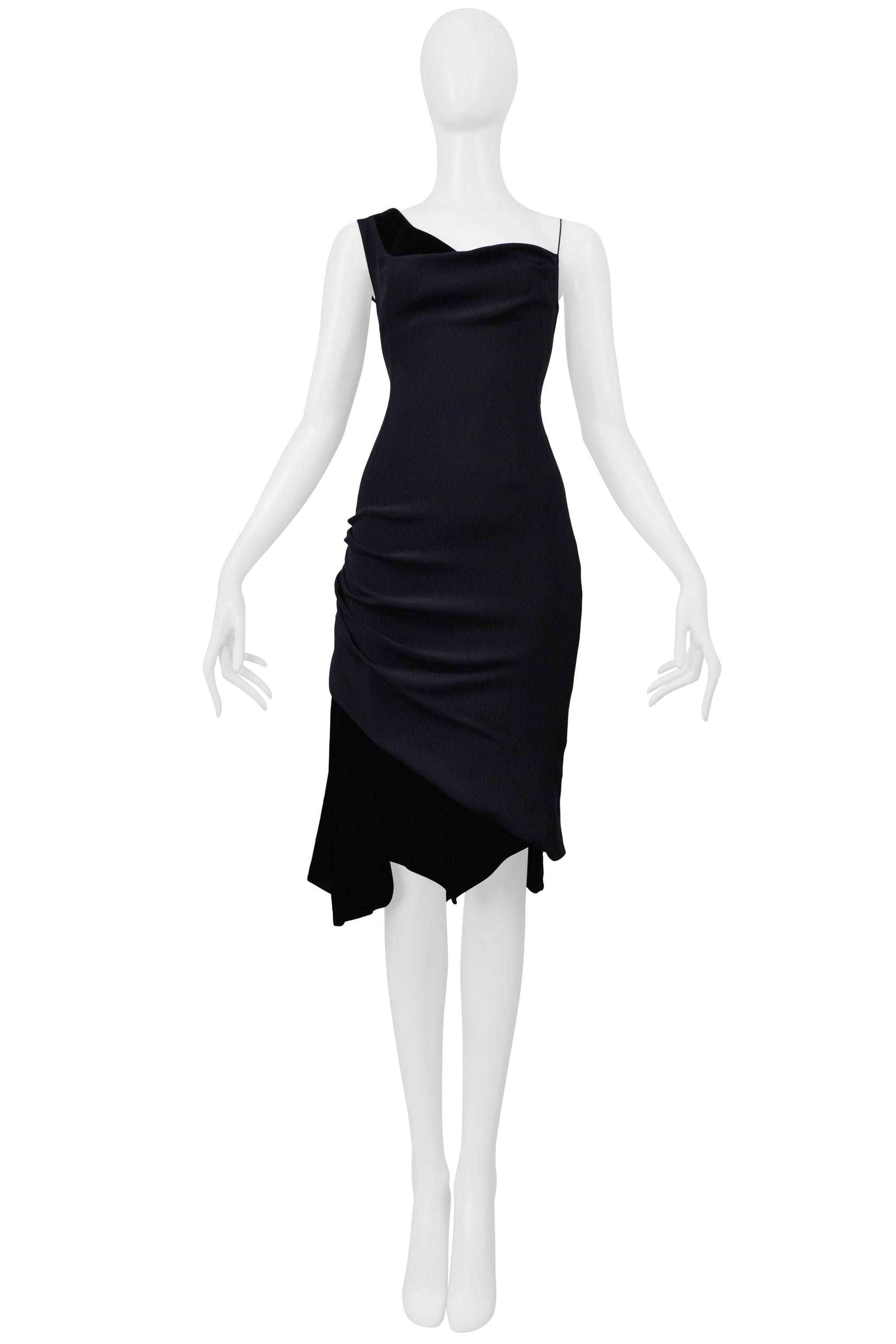 CHRISTIAN LACROIX BLACK ASYMMETRICAL STRAP DRESS WITH VELVET INSETS