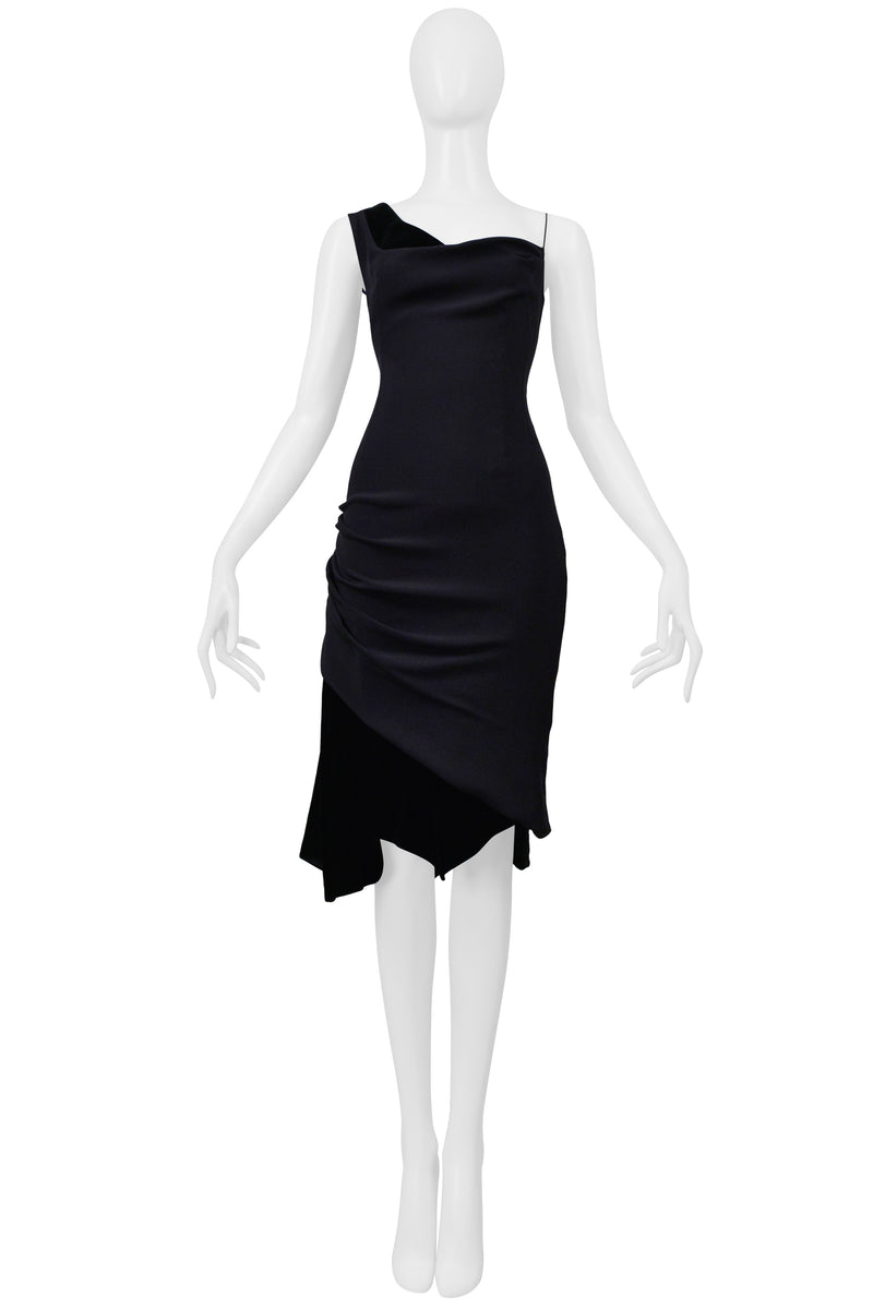 CHRISTIAN LACROIX BLACK ASYMMETRICAL STRAP DRESS WITH VELVET INSETS