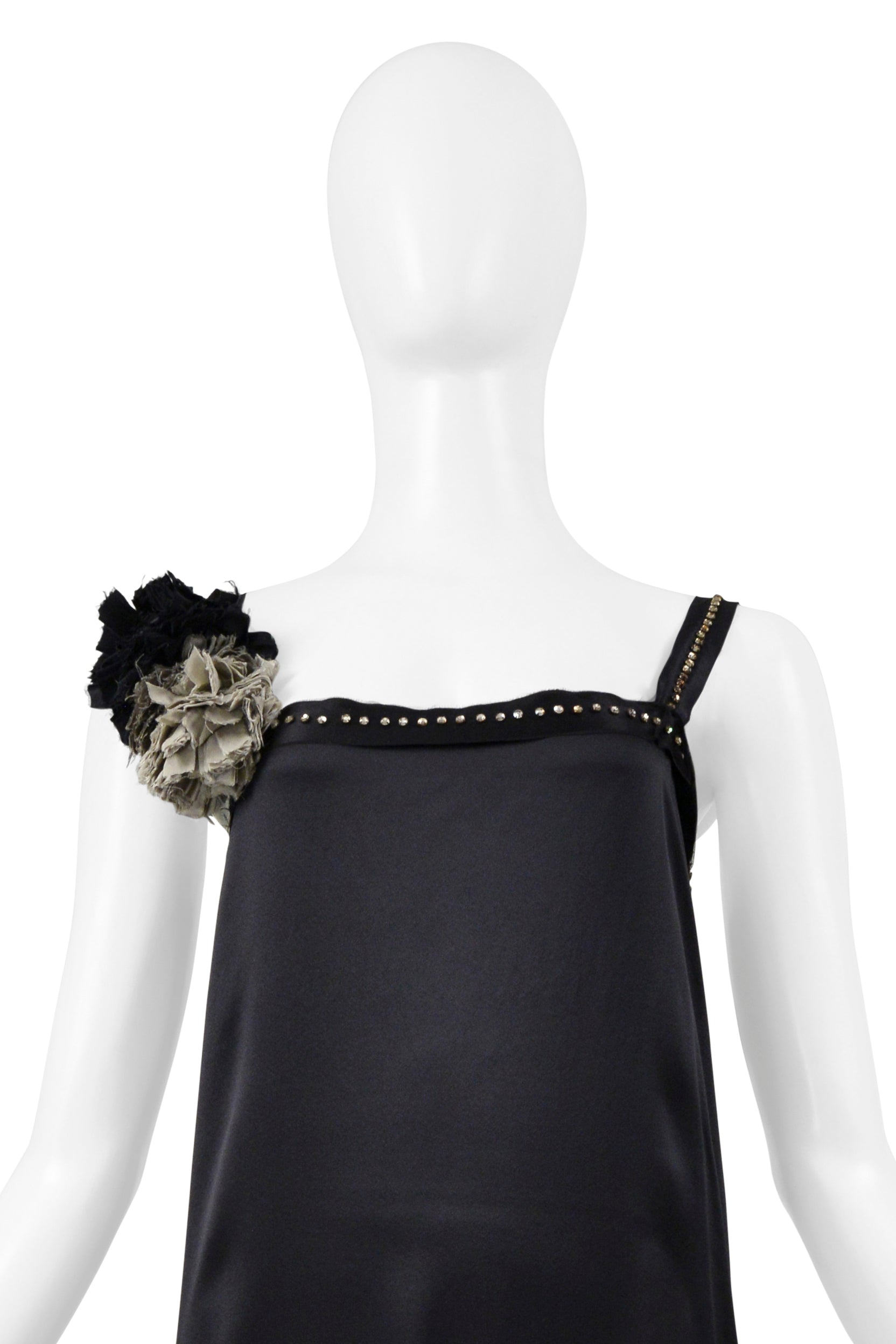 LANVIN BY ALBER ELBAZ BLACK SATIN DISCO DRESS WITH RHINESTONE STRAPS & FLOWERS 2004