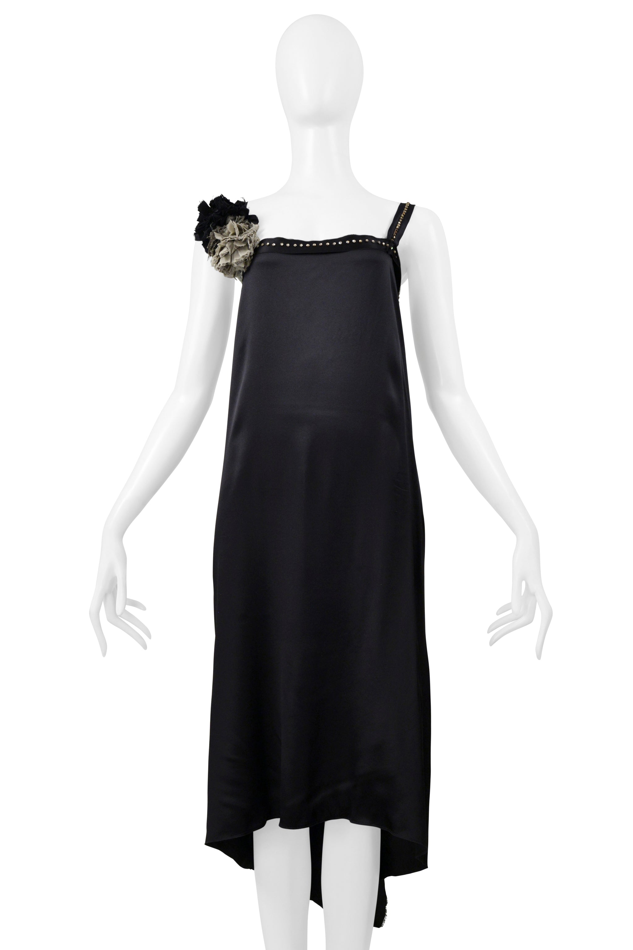 LANVIN BY ALBER ELBAZ BLACK SATIN DISCO DRESS WITH RHINESTONE STRAPS & FLOWERS 2004