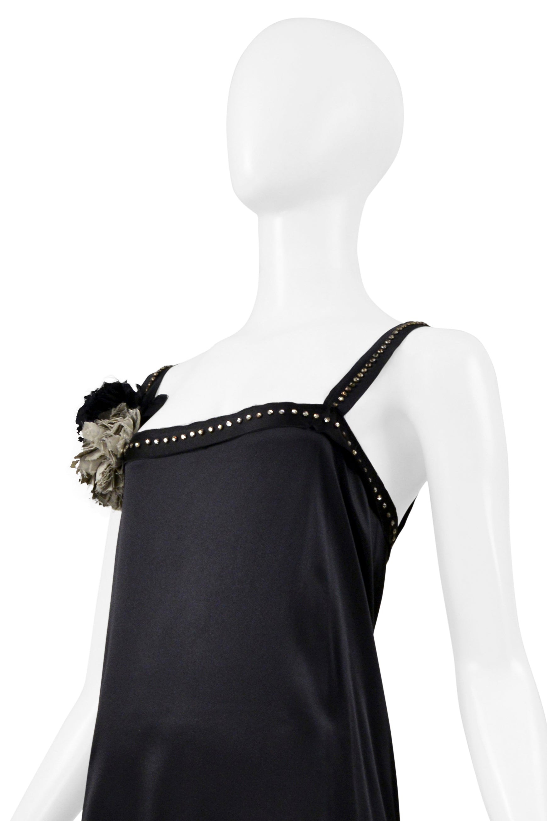 LANVIN BY ALBER ELBAZ BLACK SATIN DISCO DRESS WITH RHINESTONE STRAPS & FLOWERS 2004