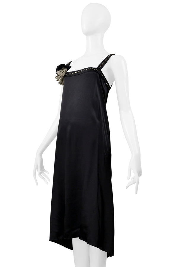 LANVIN BLACK SATIN DISCO DRESS WITH RHINESTONE STRAPS & FLOWERS 2004