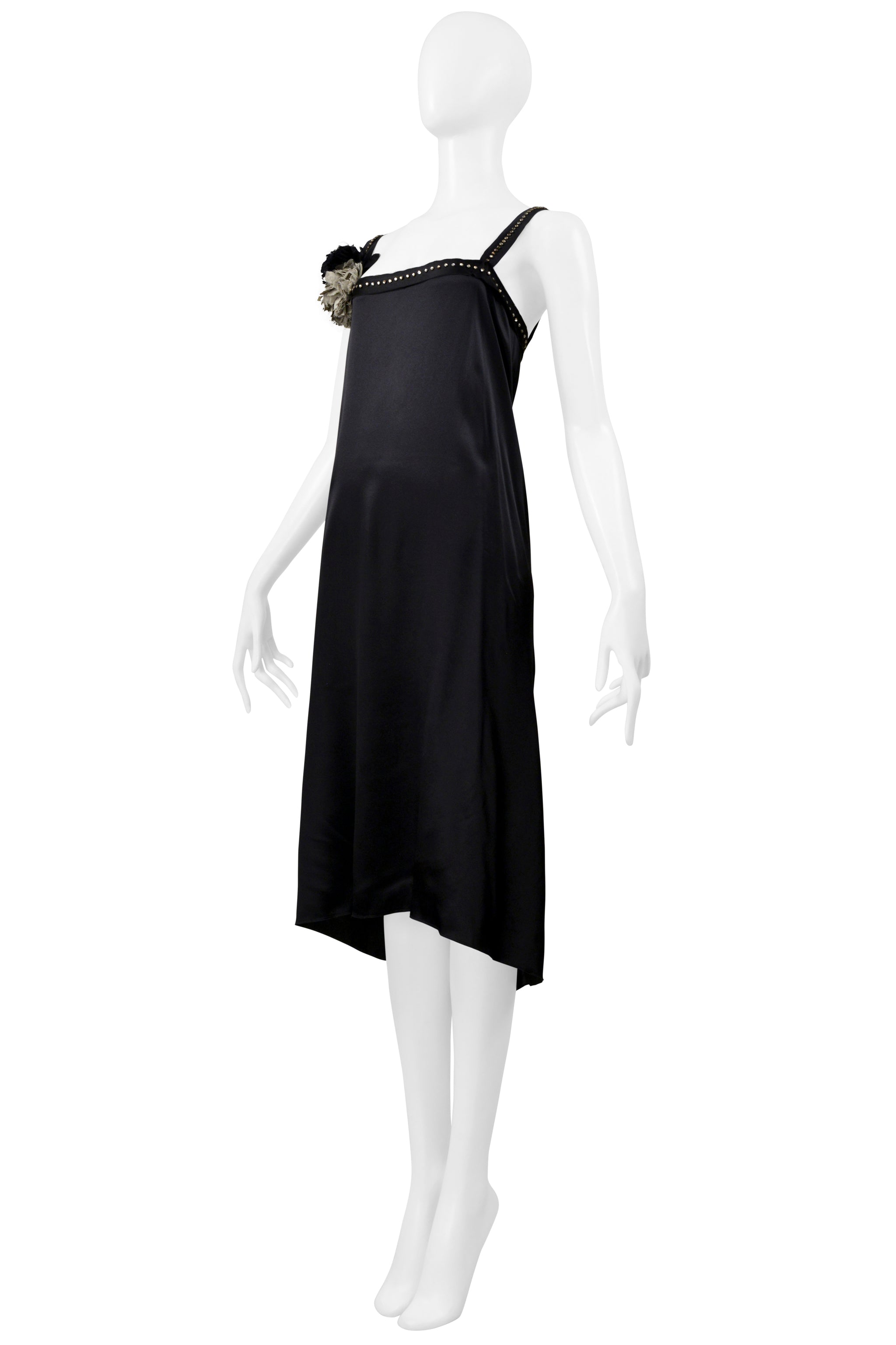 LANVIN BY ALBER ELBAZ BLACK SATIN DISCO DRESS WITH RHINESTONE STRAPS & FLOWERS 2004