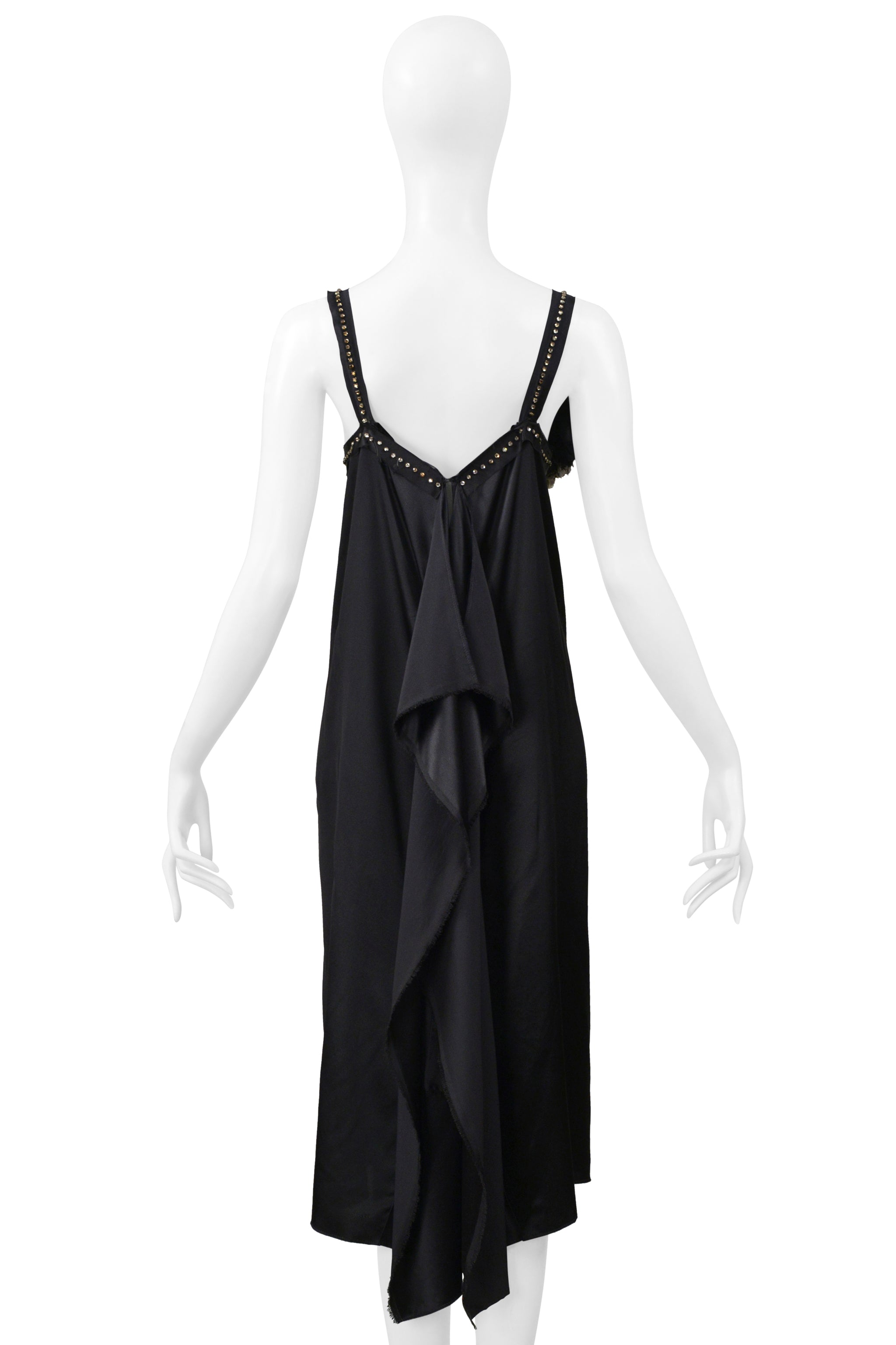LANVIN BY ALBER ELBAZ BLACK SATIN DISCO DRESS WITH RHINESTONE STRAPS & FLOWERS 2004