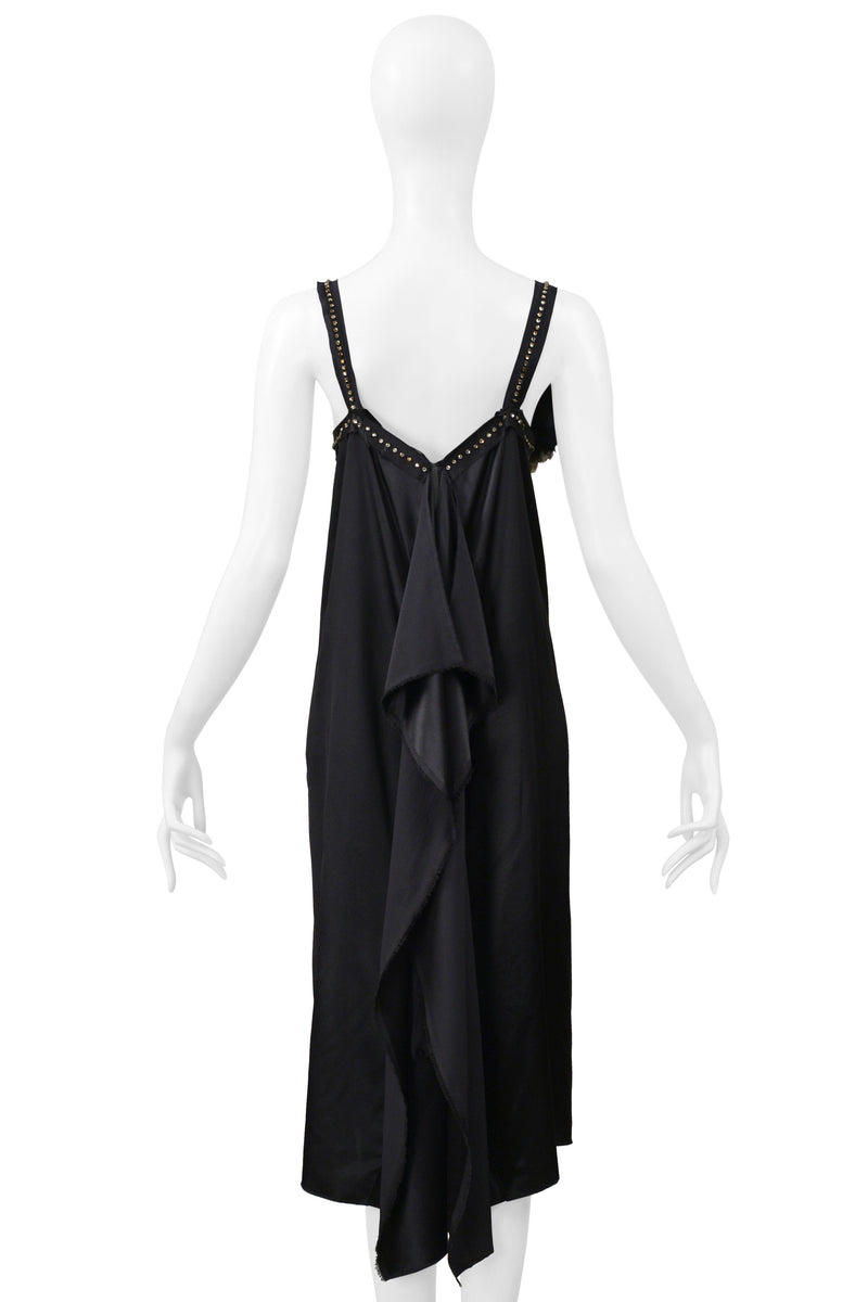 LANVIN BLACK SATIN DISCO DRESS WITH RHINESTONE STRAPS & FLOWERS 2004