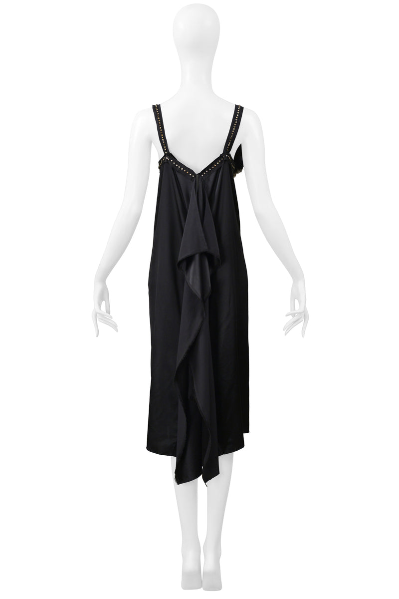 LANVIN BLACK SATIN DISCO DRESS WITH RHINESTONE STRAPS & FLOWERS 2004