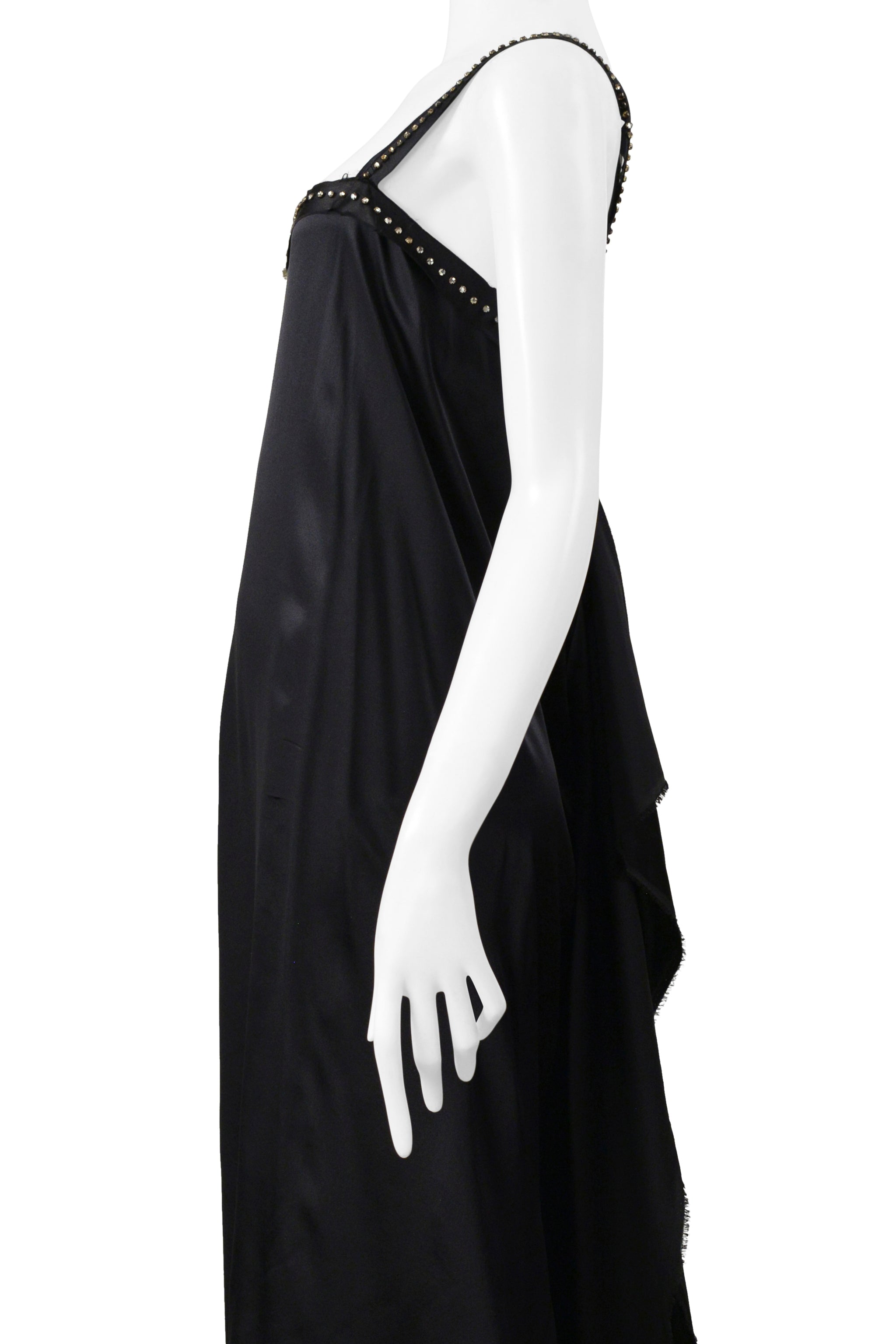 LANVIN BY ALBER ELBAZ BLACK SATIN DISCO DRESS WITH RHINESTONE STRAPS & FLOWERS 2004
