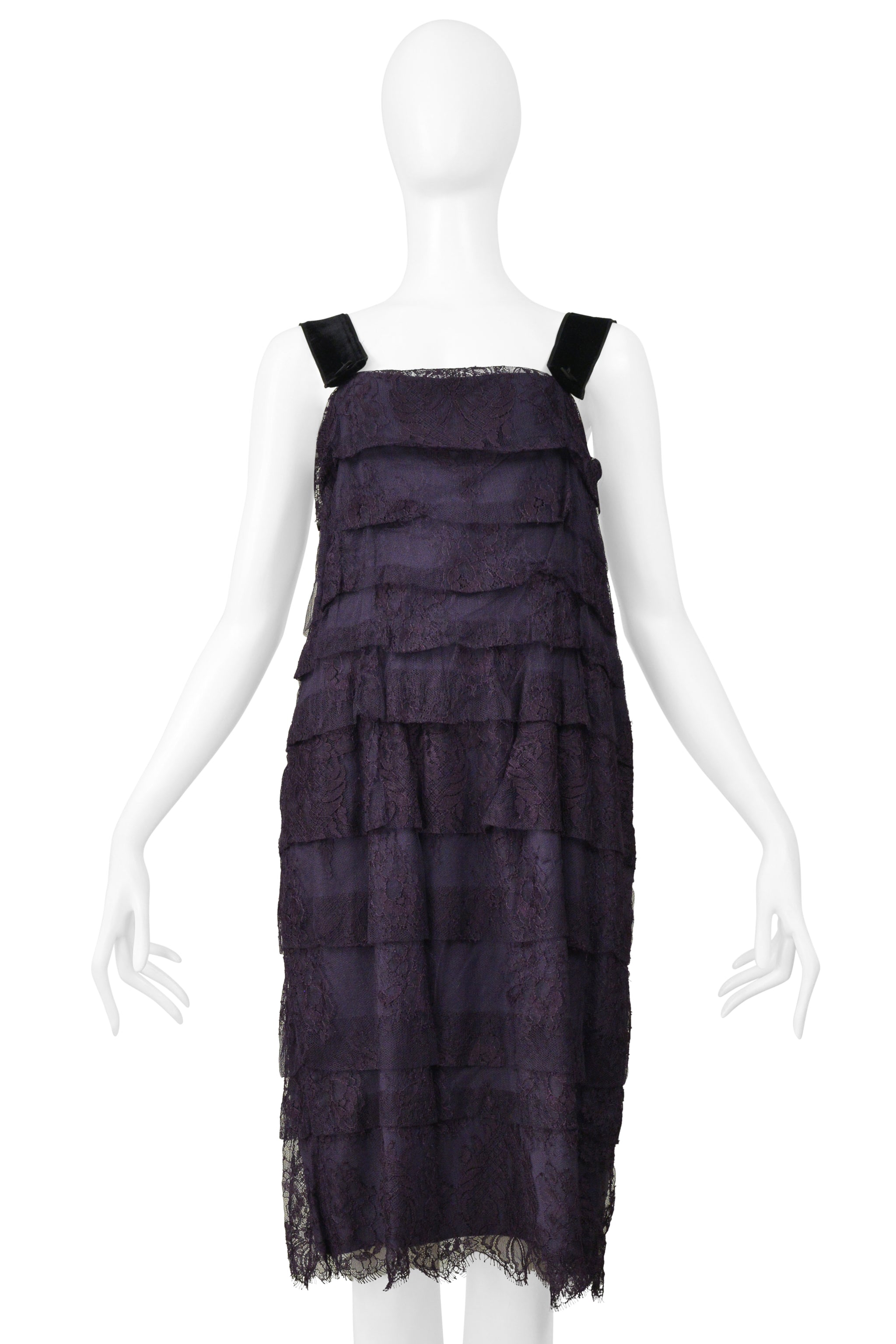 LANVIN BY ALBER ELBAZ BLUE LACE SLIP DRESS WITH VELVET STRAPS & SATIN BUTTONS 2006
