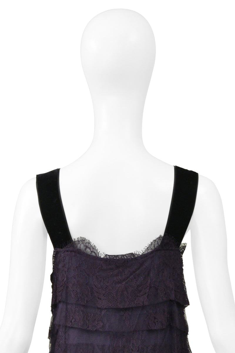 LANVIN BLUE LACE SLIP DRESS WITH VELVET STRAPS & SATIN BUTTONS 2006