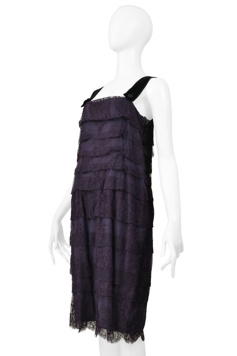 LANVIN BLUE LACE SLIP DRESS WITH VELVET STRAPS & SATIN BUTTONS 2006