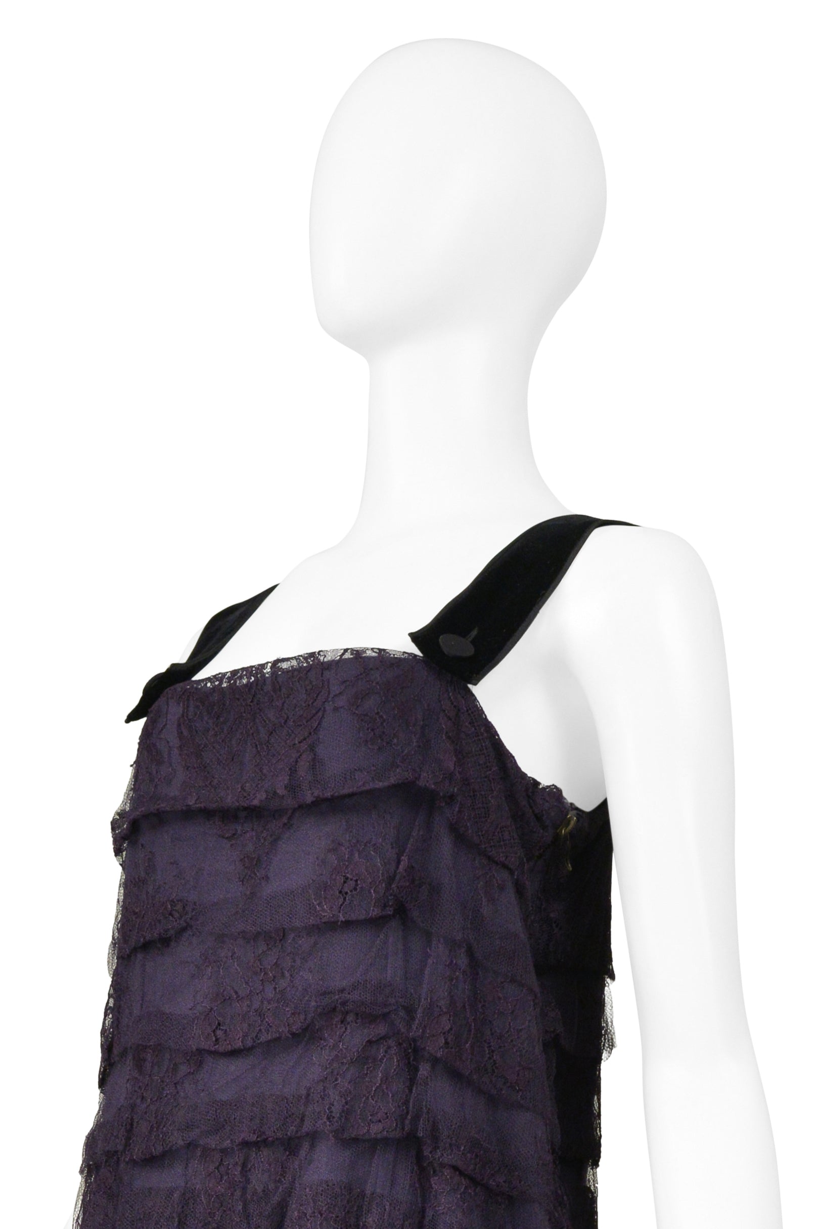 LANVIN BY ALBER ELBAZ BLUE LACE SLIP DRESS WITH VELVET STRAPS & SATIN BUTTONS 2006