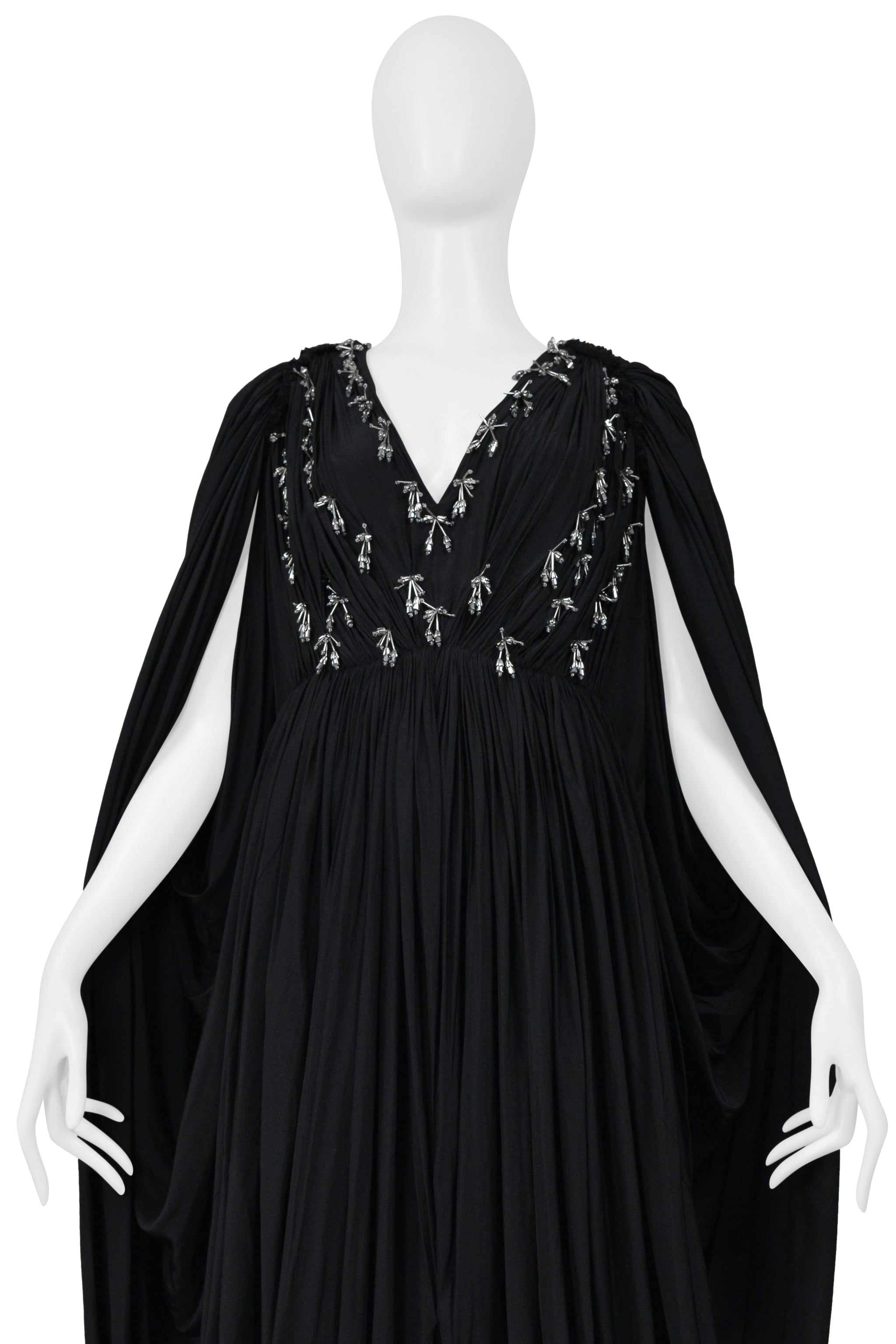 LANVIN BLACK DRAPED EVENING GOWN WITH SILVER BEADING