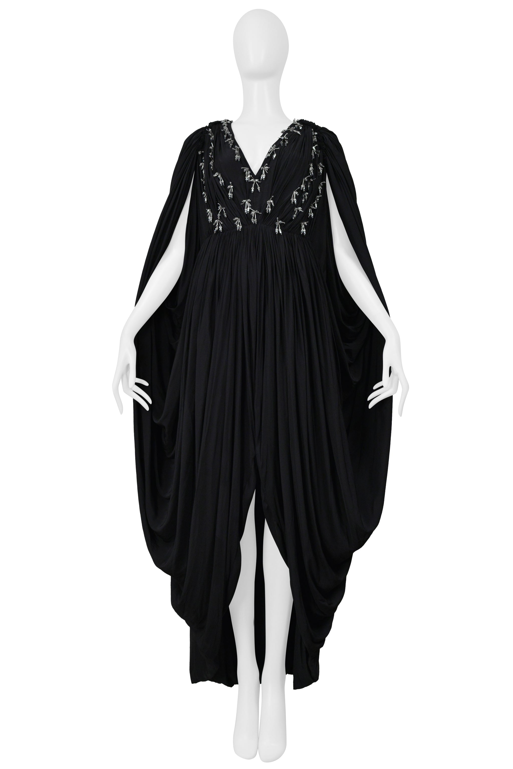 LANVIN BLACK DRAPED EVENING GOWN WITH SILVER BEADING