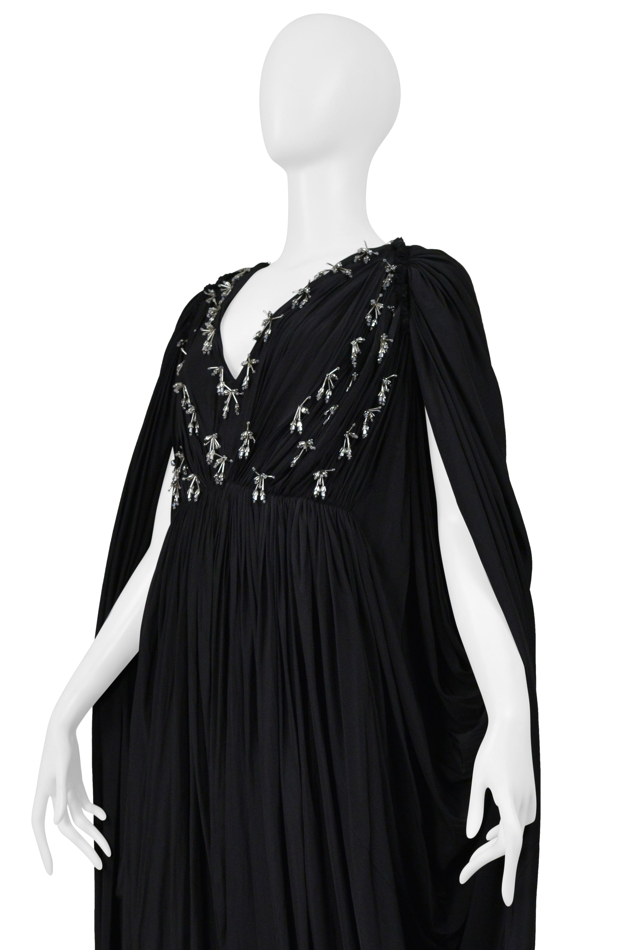 LANVIN BLACK DRAPED EVENING GOWN WITH SILVER BEADING