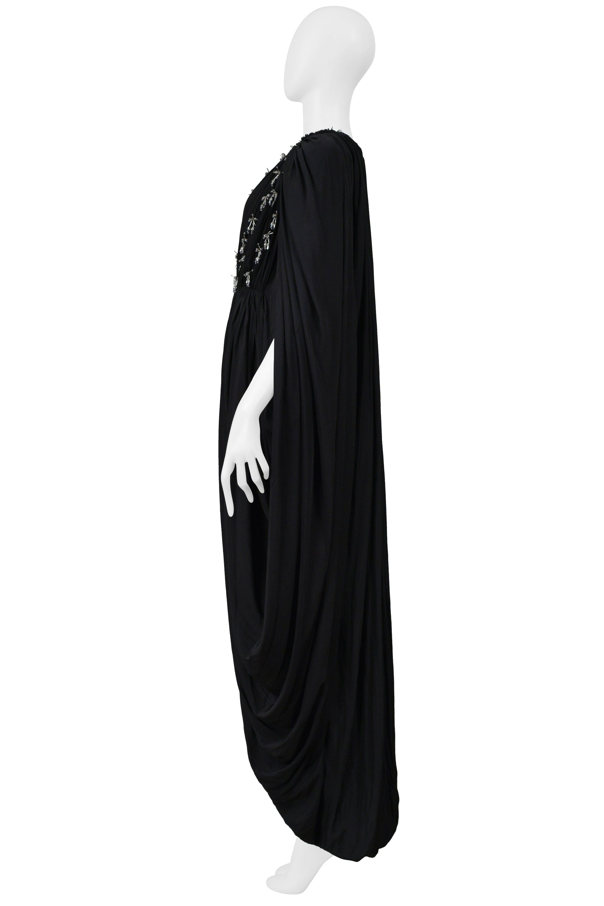 LANVIN BLACK DRAPED EVENING GOWN WITH SILVER BEADING