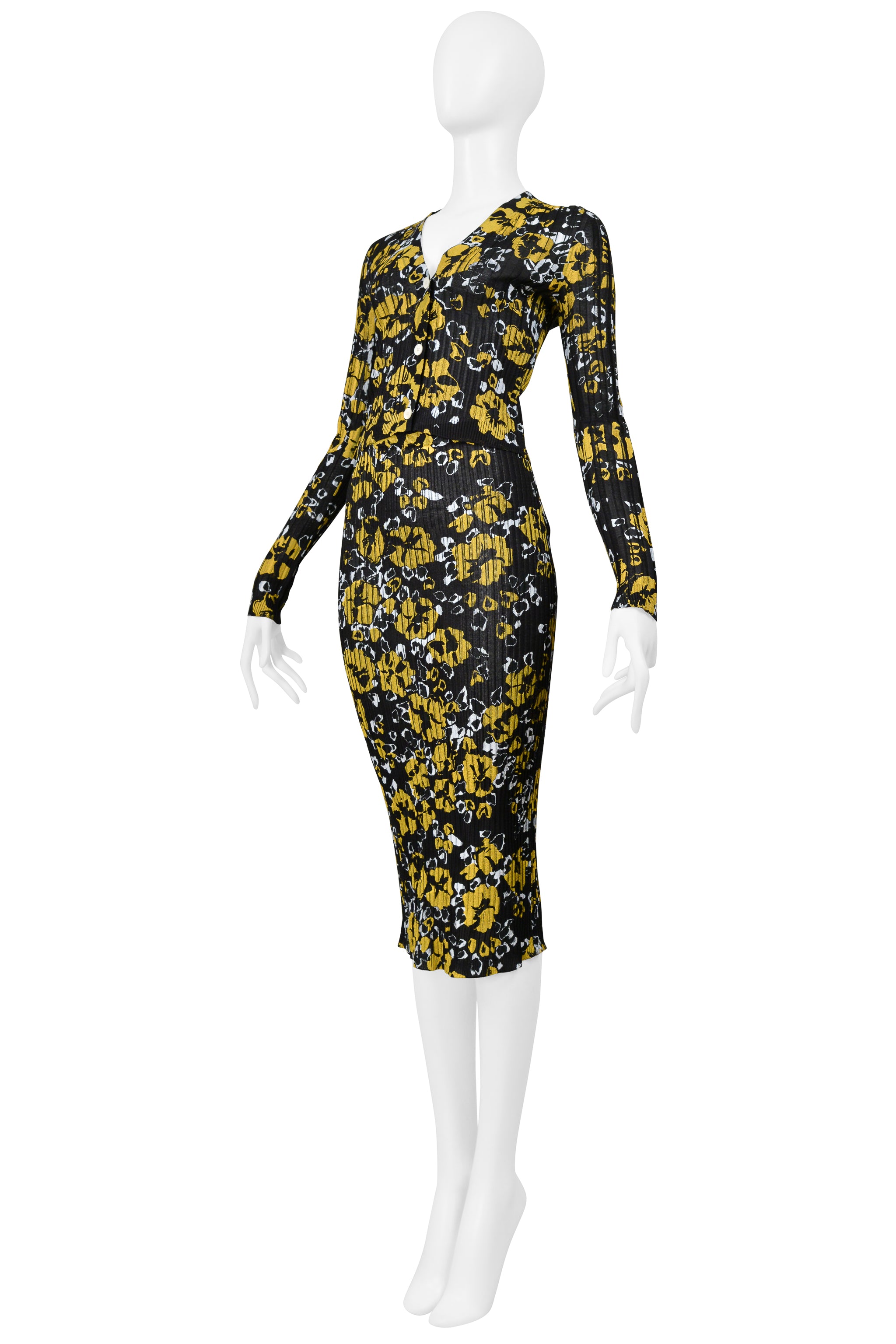 LANVIN BLACK, YELLOW, AND WHITE FLORAL PRINTED SKIRT ENSEMBLE