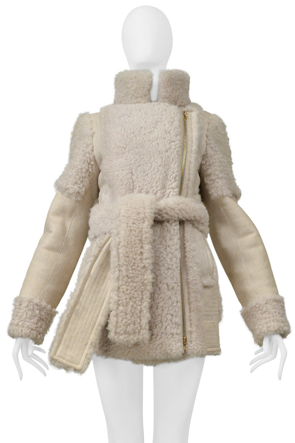 LANVIN OFF WHITE SUEDE & SHEARLING COAT WITH BELT