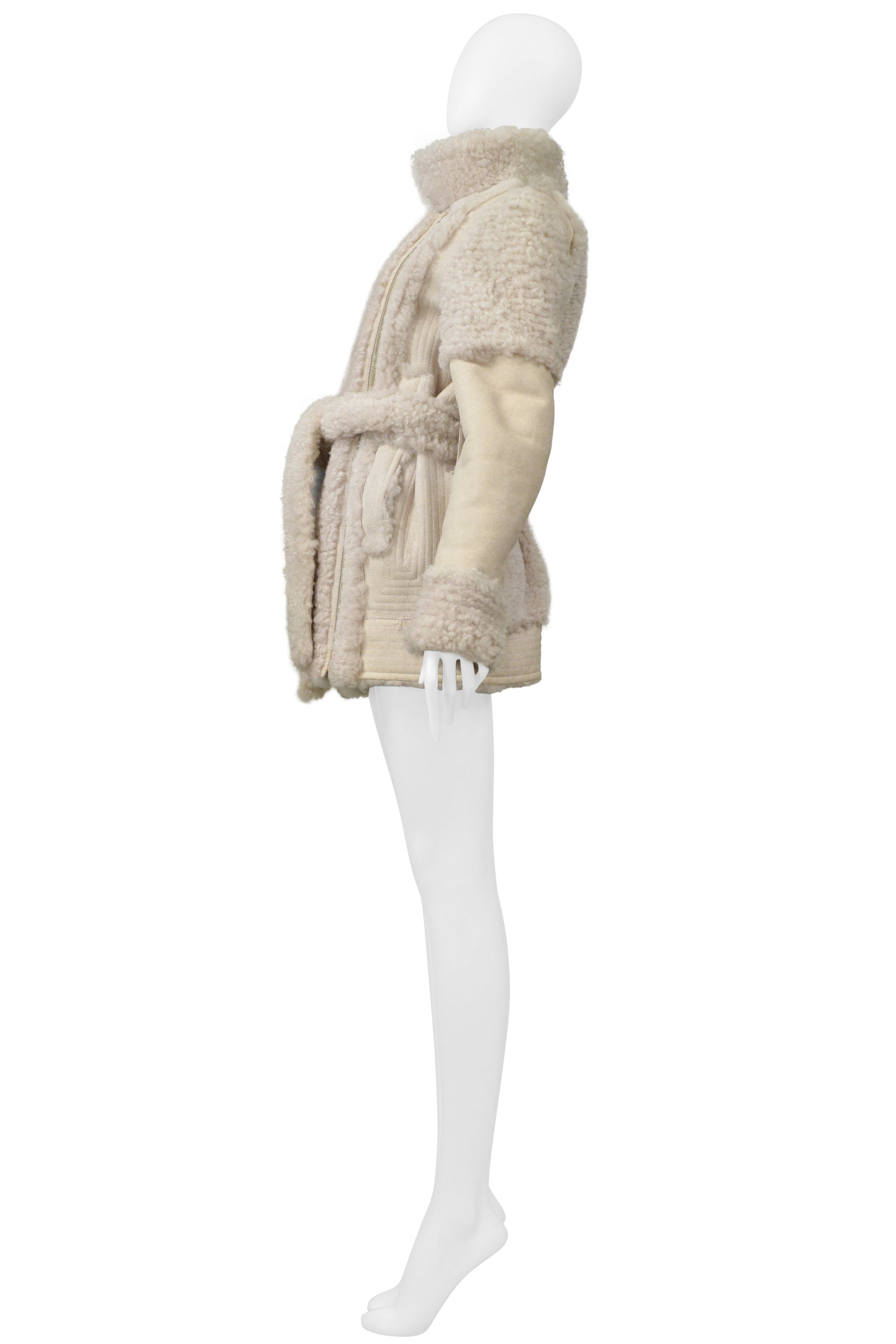 LANVIN OFF WHITE SUEDE & SHEARLING COAT WITH BELT