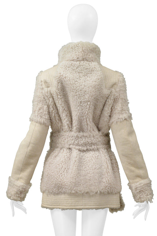 LANVIN OFF WHITE SUEDE & SHEARLING COAT WITH BELT