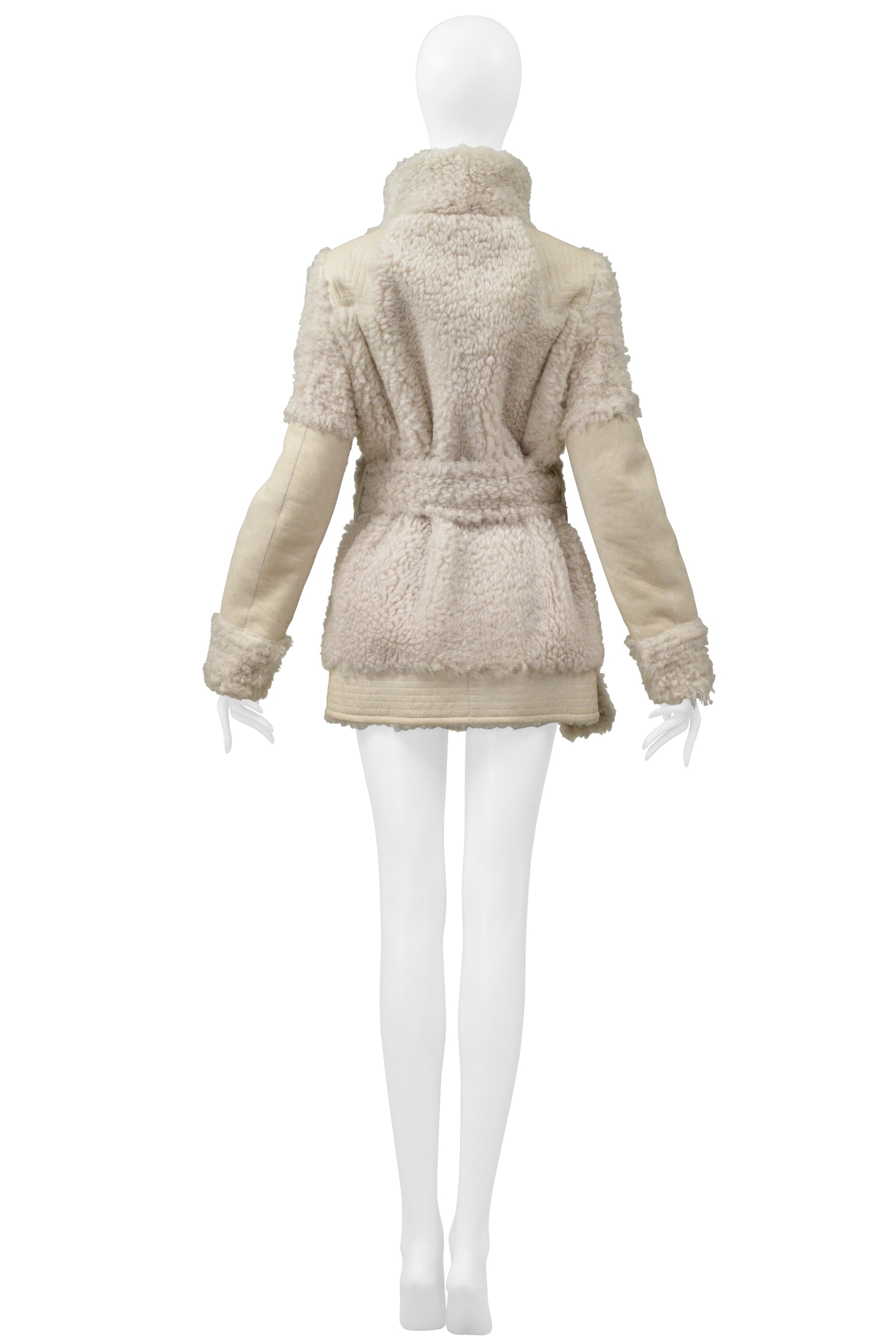 LANVIN OFF WHITE SUEDE & SHEARLING COAT WITH BELT