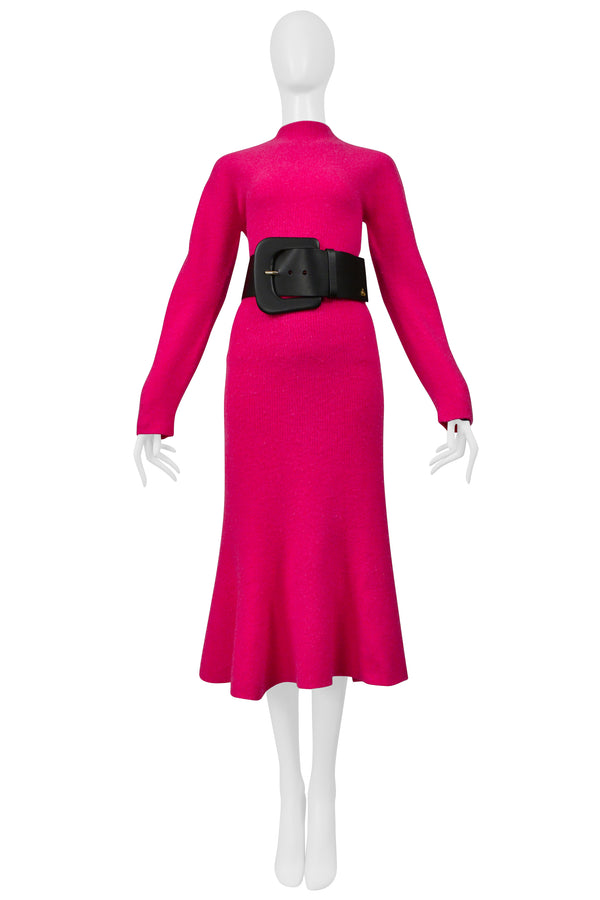LANVIN PINK SWEATER AND SKIRT ENSEMBLE WITH OVERSIZED BLACK BELT