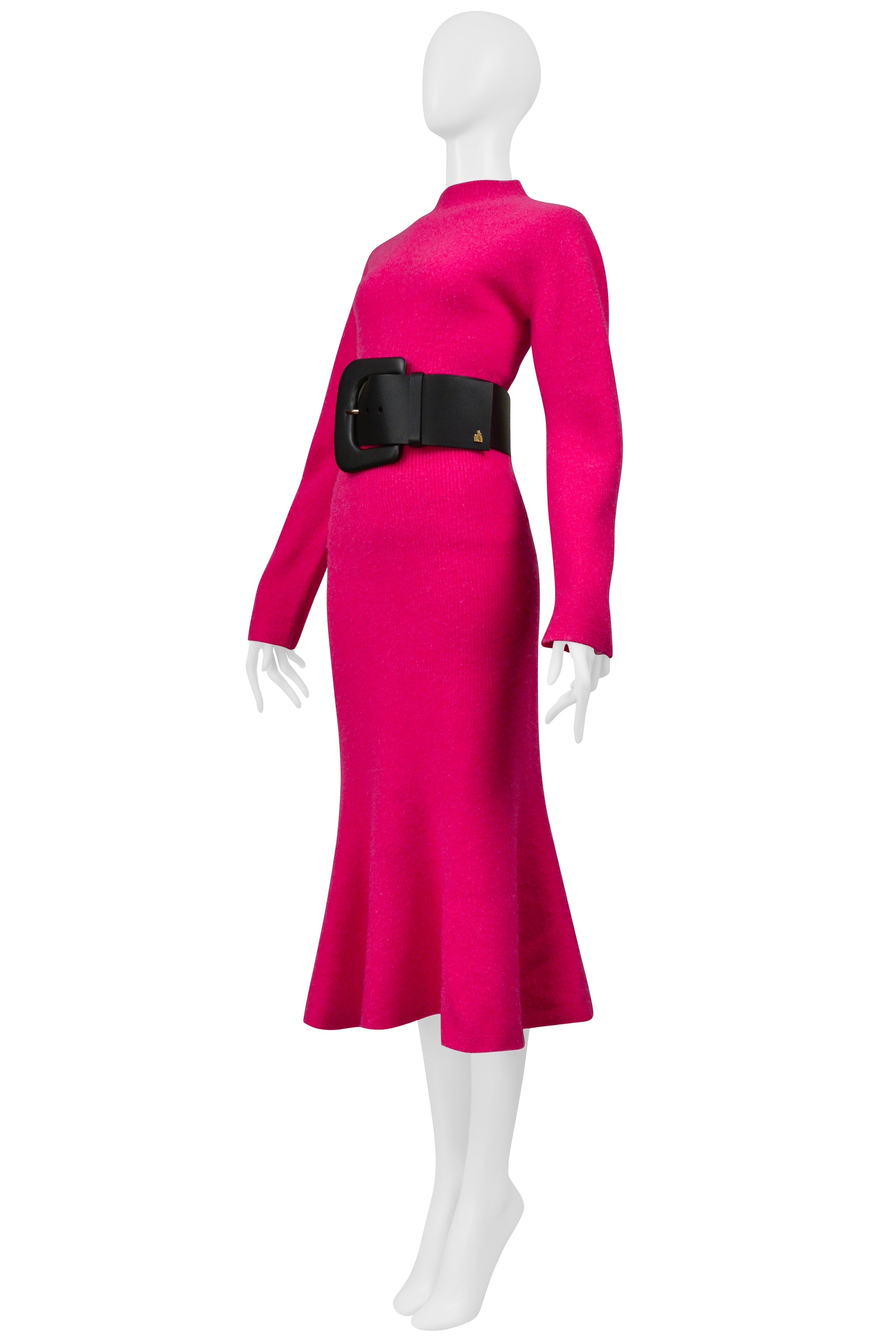 LANVIN PINK SWEATER AND SKIRT ENSEMBLE WITH OVERSIZED BLACK BELT