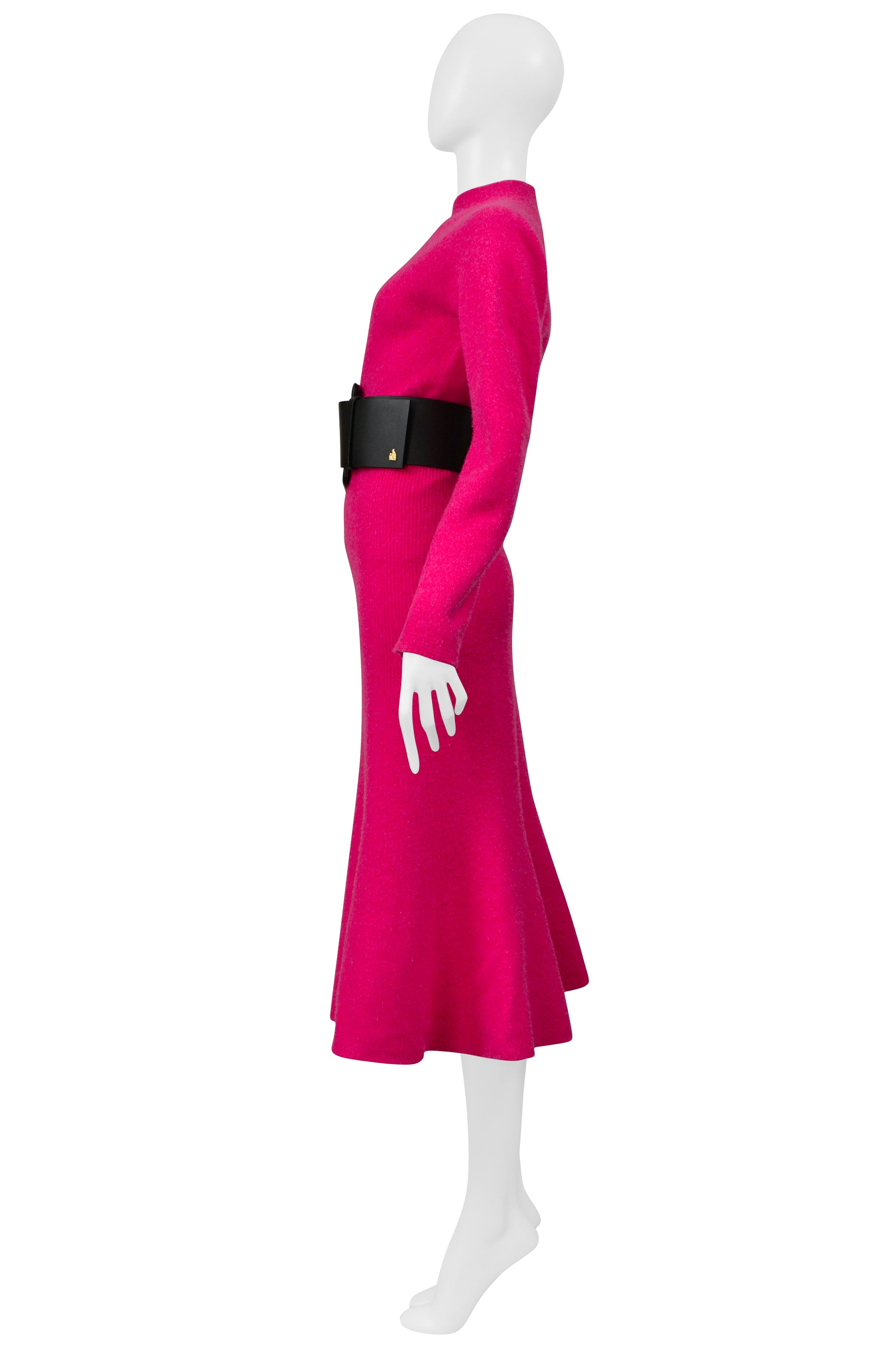 LANVIN PINK SWEATER AND SKIRT ENSEMBLE WITH OVERSIZED BLACK BELT