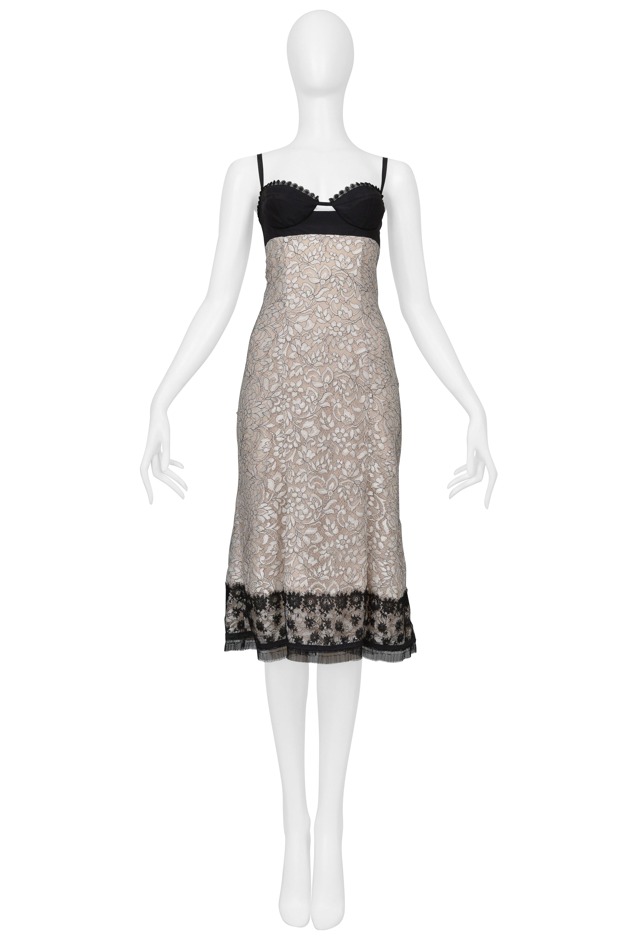 LA PERLA BLACK & IVORY LACE BUSTIER MIDI DRESS 2006
