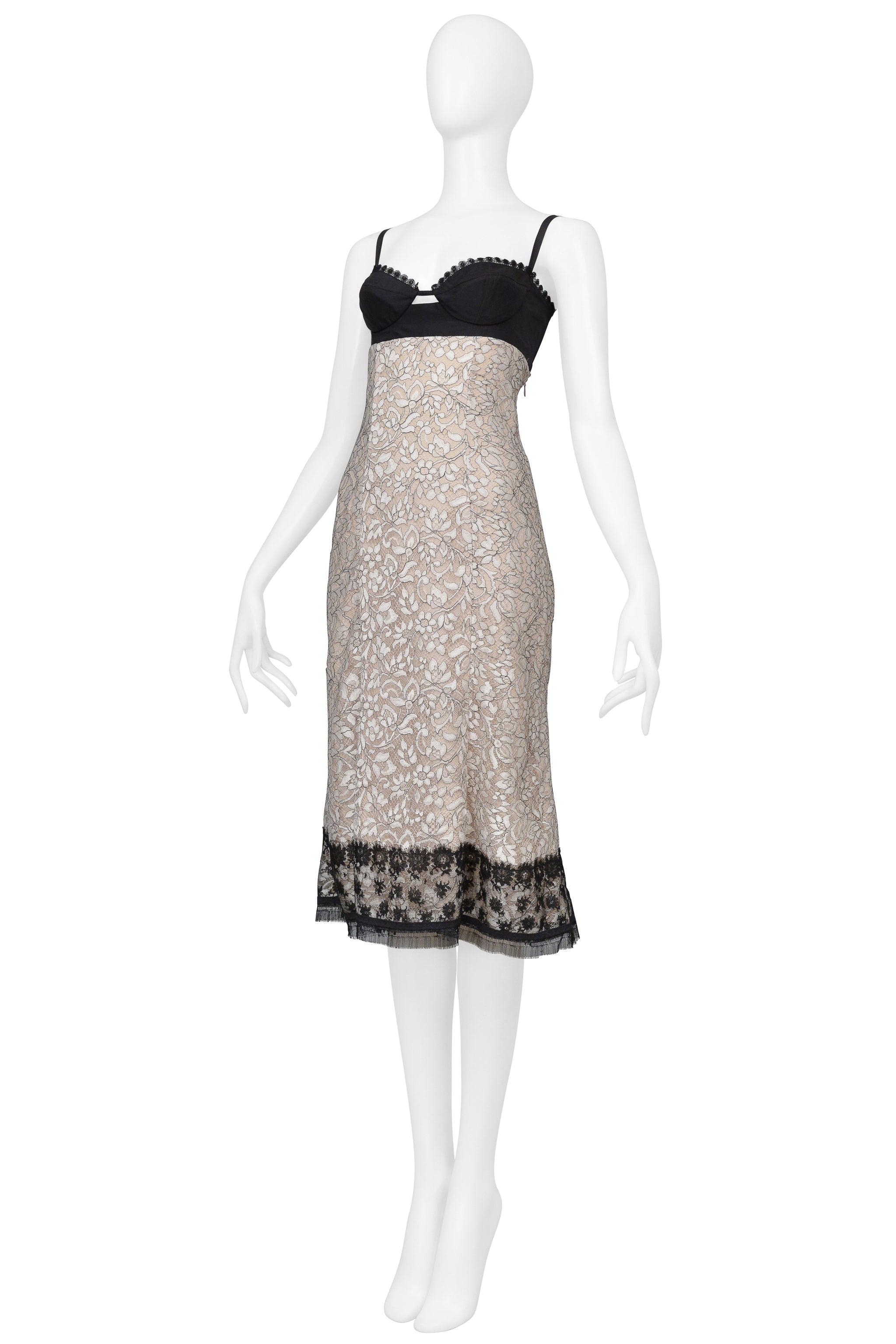 LA PERLA BLACK & IVORY LACE BUSTIER MIDI DRESS 2006