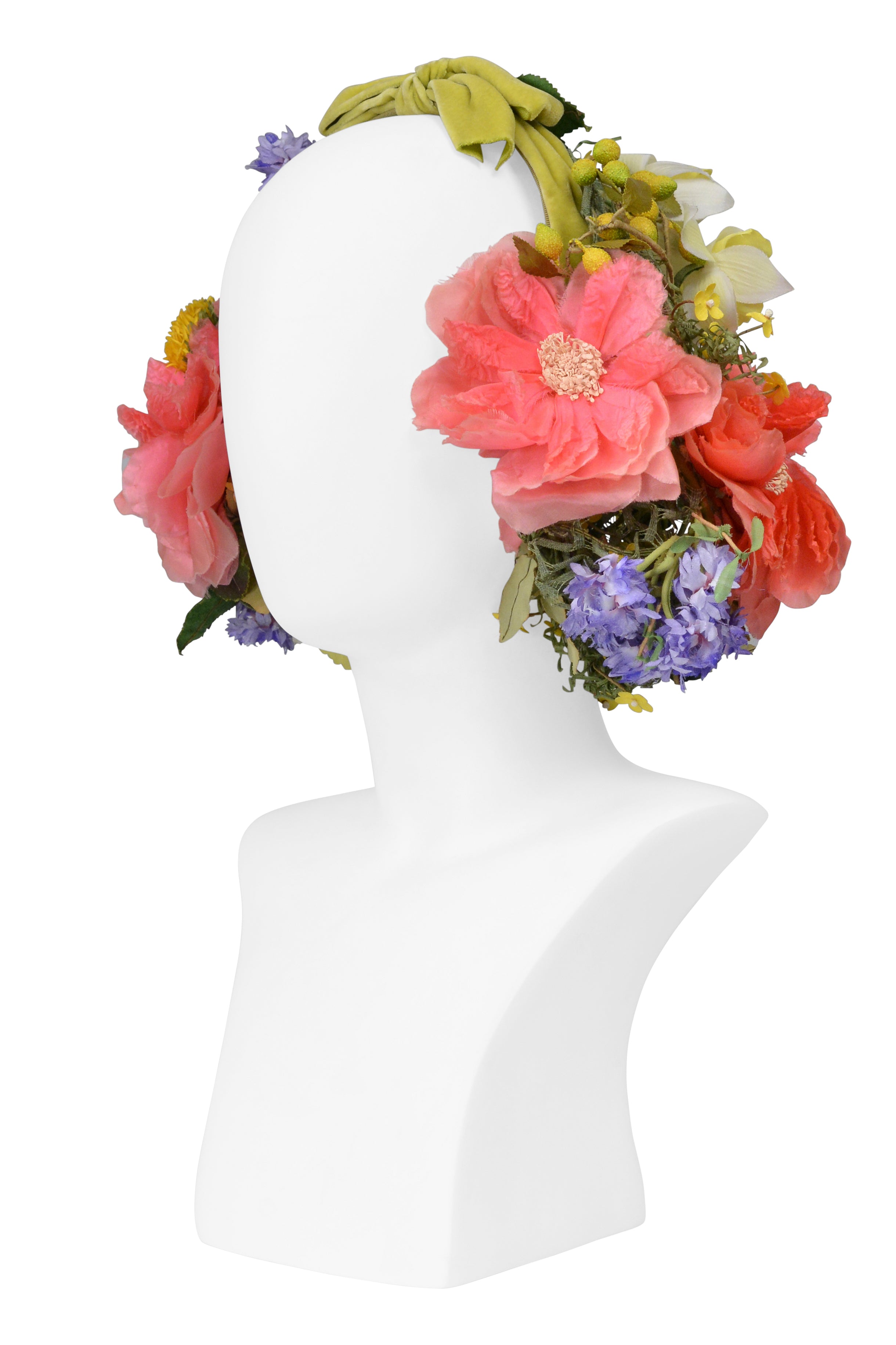 LILY DACHE FOR J. MAGNIN CHARTREUSE VELVET BOW HEADBAND WITH SILK FLOWERS