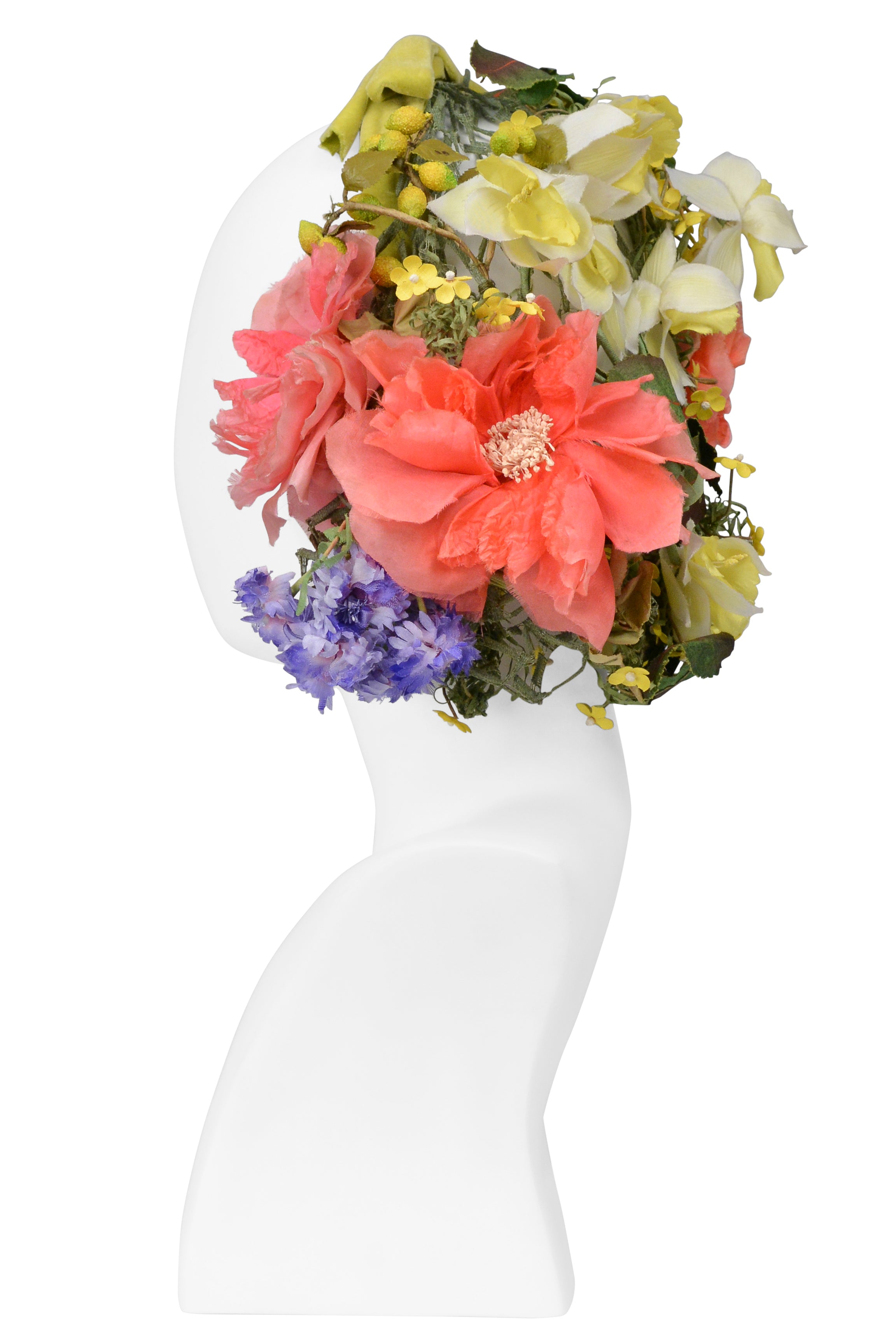 LILY DACHE FOR J. MAGNIN CHARTREUSE VELVET BOW HEADBAND WITH SILK FLOWERS