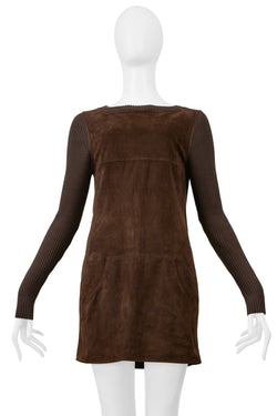 LOEWE BROWN SUEDE & RIBBED KNIT MINI DRESS