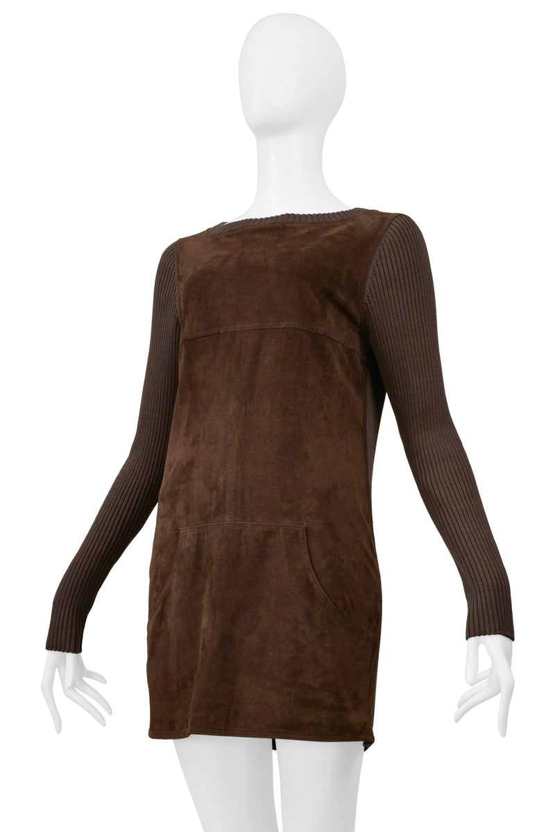 LOEWE BROWN SUEDE & RIBBED KNIT MINI DRESS