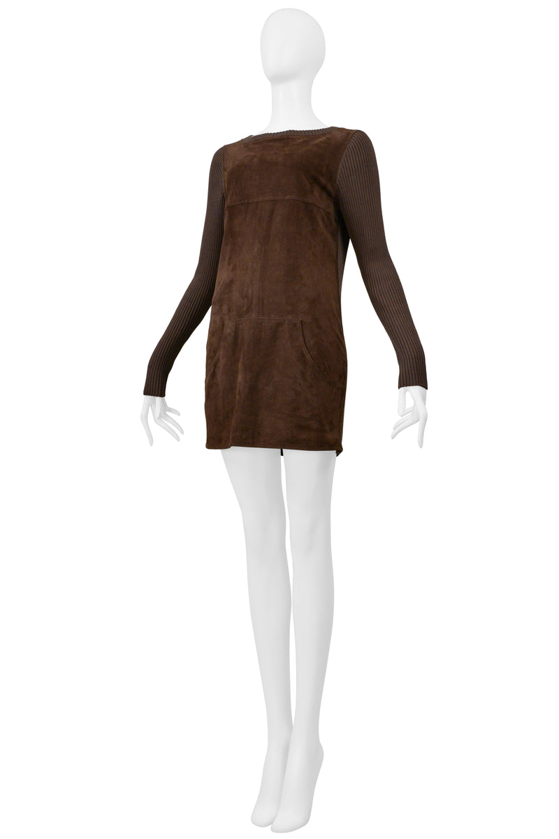 LOEWE BROWN SUEDE & RIBBED KNIT MINI DRESS