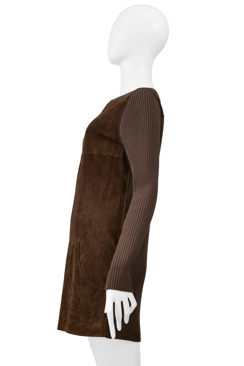 LOEWE BROWN SUEDE & RIBBED KNIT MINI DRESS