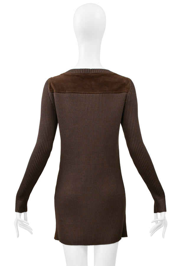 LOEWE BROWN SUEDE & RIBBED KNIT MINI DRESS