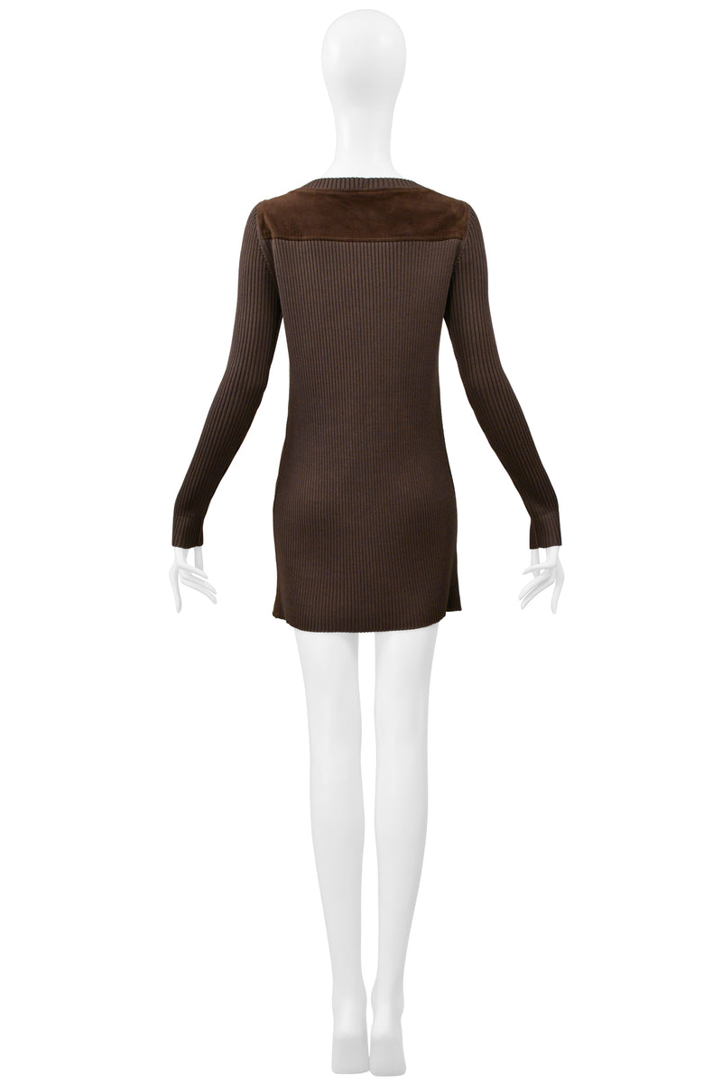 LOEWE BROWN SUEDE & RIBBED KNIT MINI DRESS