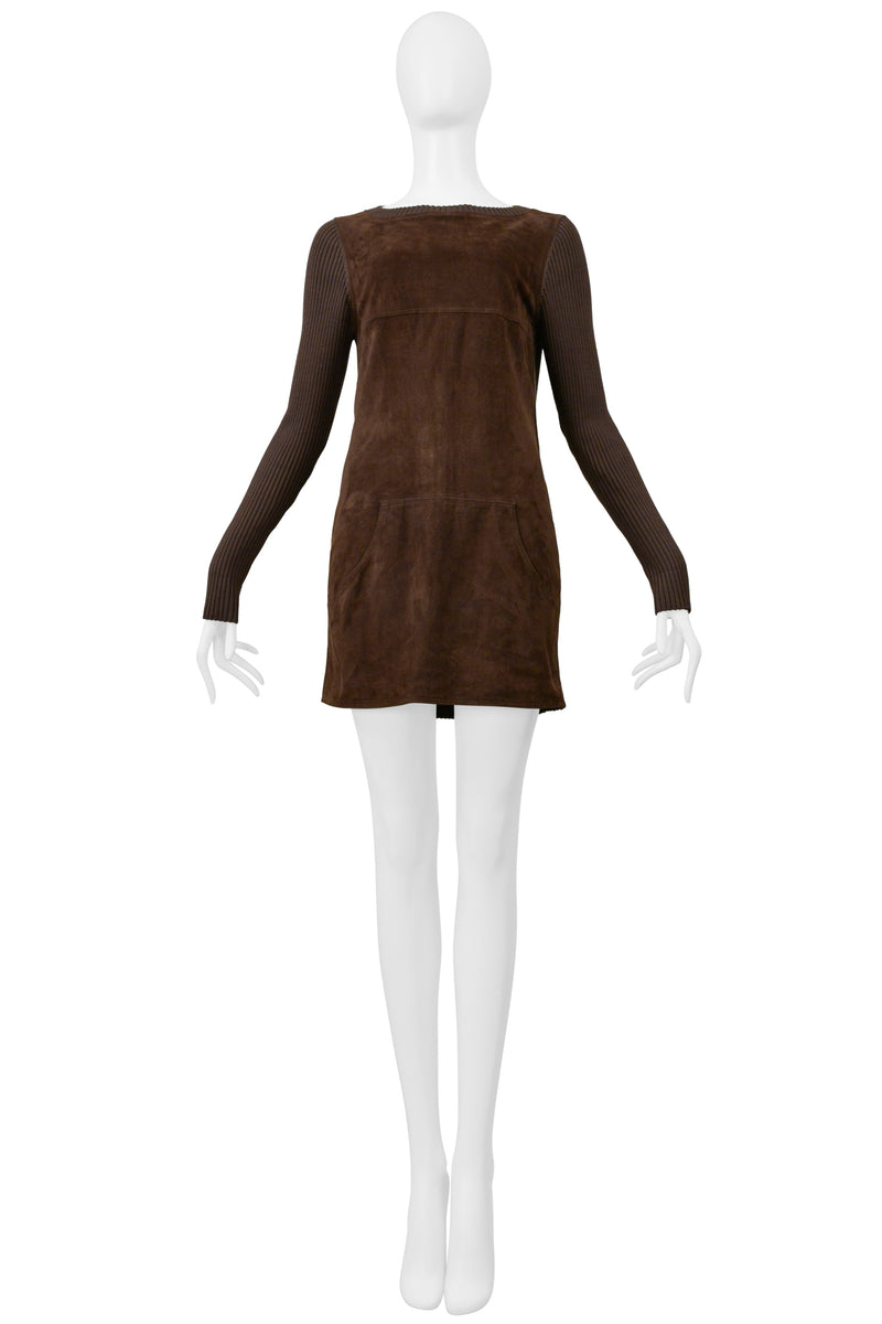 LOEWE BROWN SUEDE & RIBBED KNIT MINI DRESS