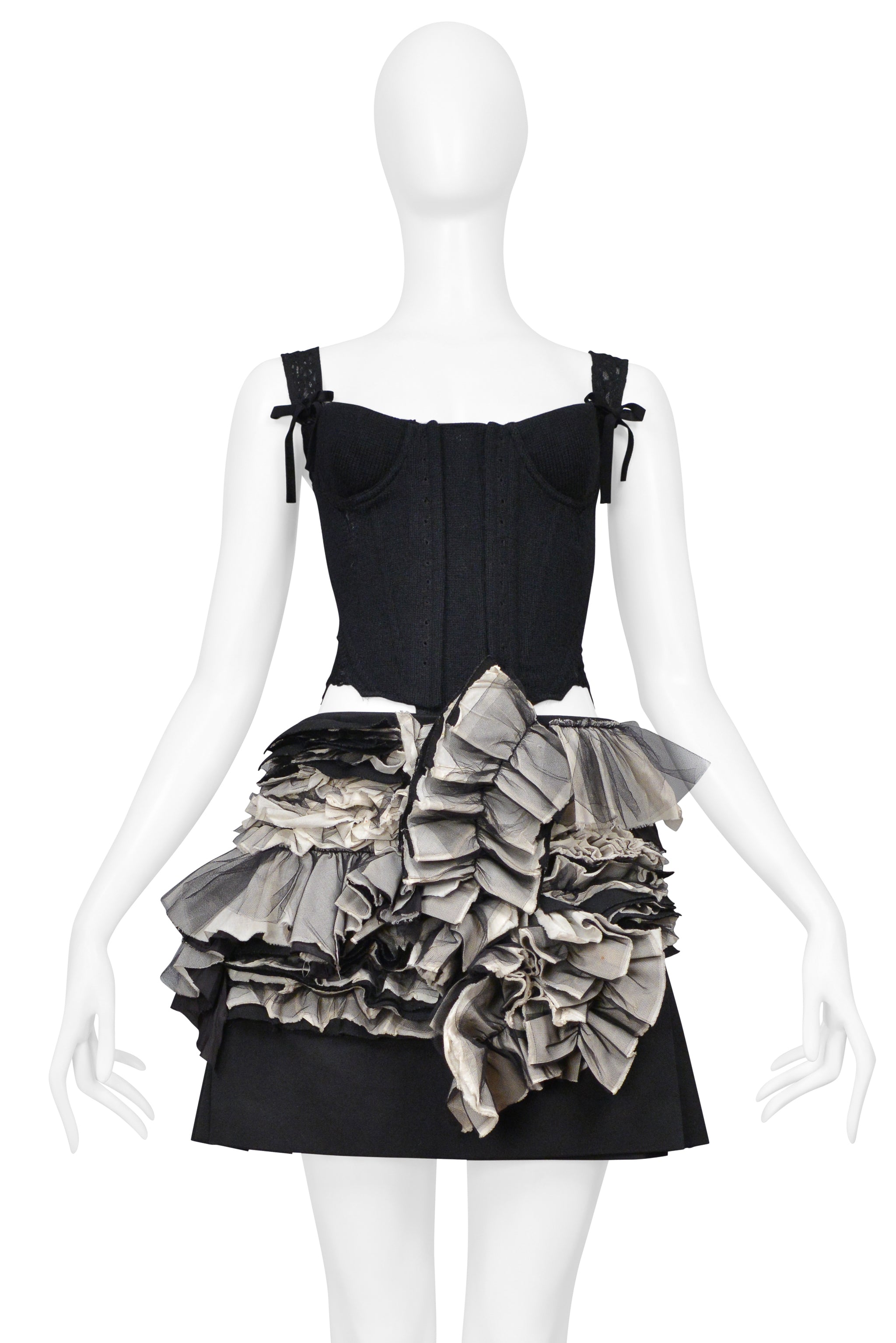 COMME DES GARCONS BLACK AND GRAY PLEATED SKIRT WITH RUFFLES AND LEATHER BUCKLES 2000