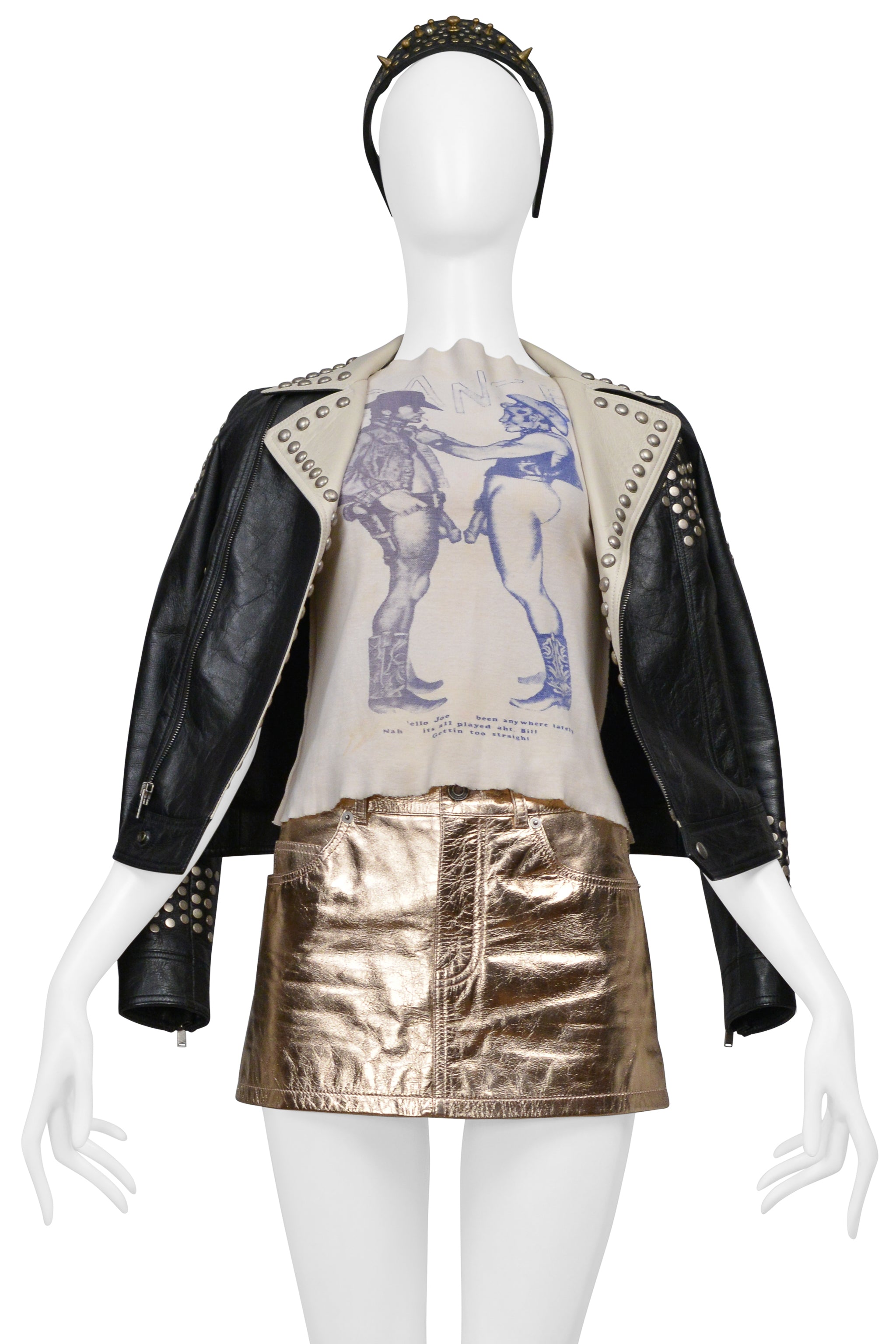 SAINT LAURENT PARIS BLACK AND WHITE LEATHER JACKET WITH STUDS