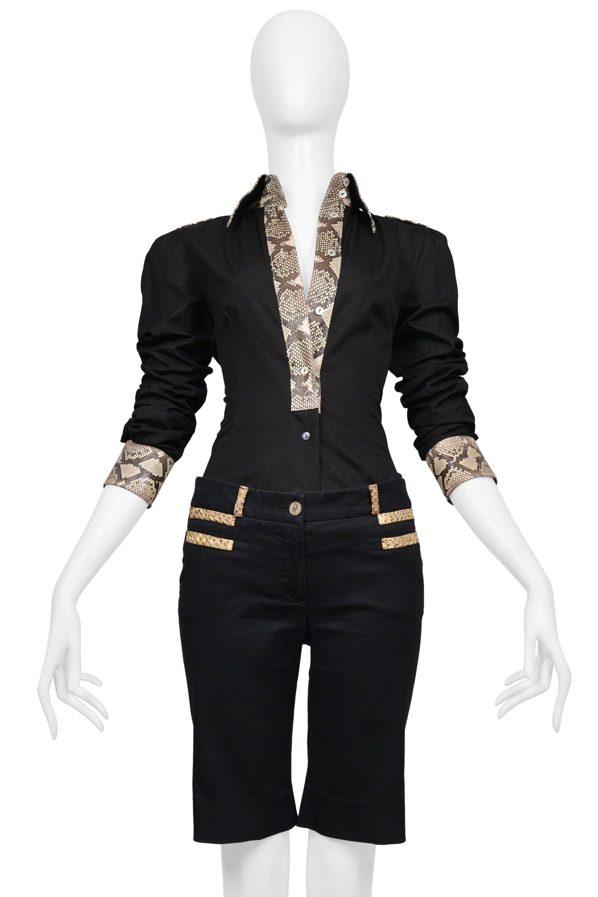 DOLCE & GABBANA BLACK COTTON LONG SLEEVE SHIRT WITH PYTHON TRIM AND COLLAR 2005