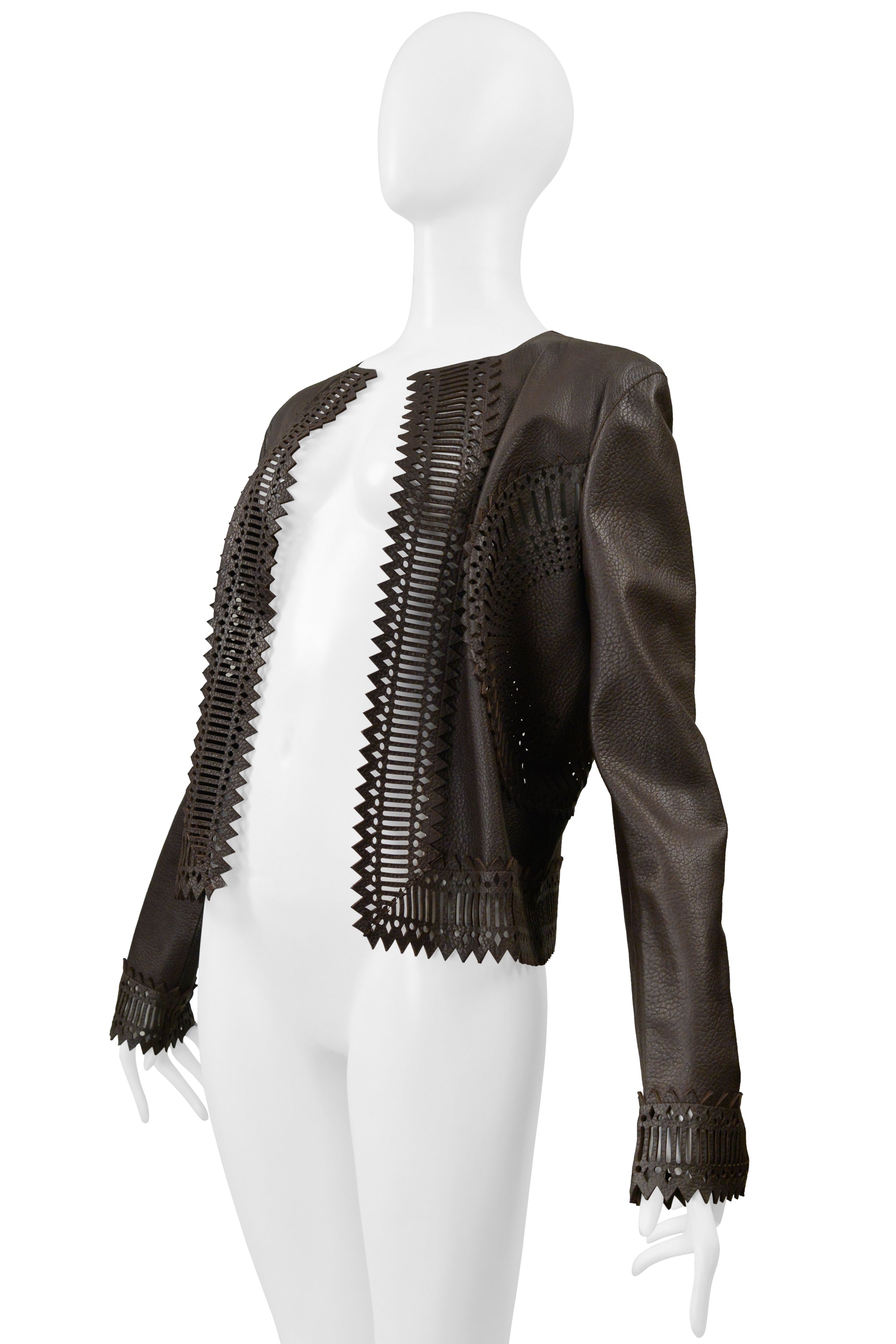 GIANFRANCO FERRE BROWN LEATHER LASER CUT JACKET